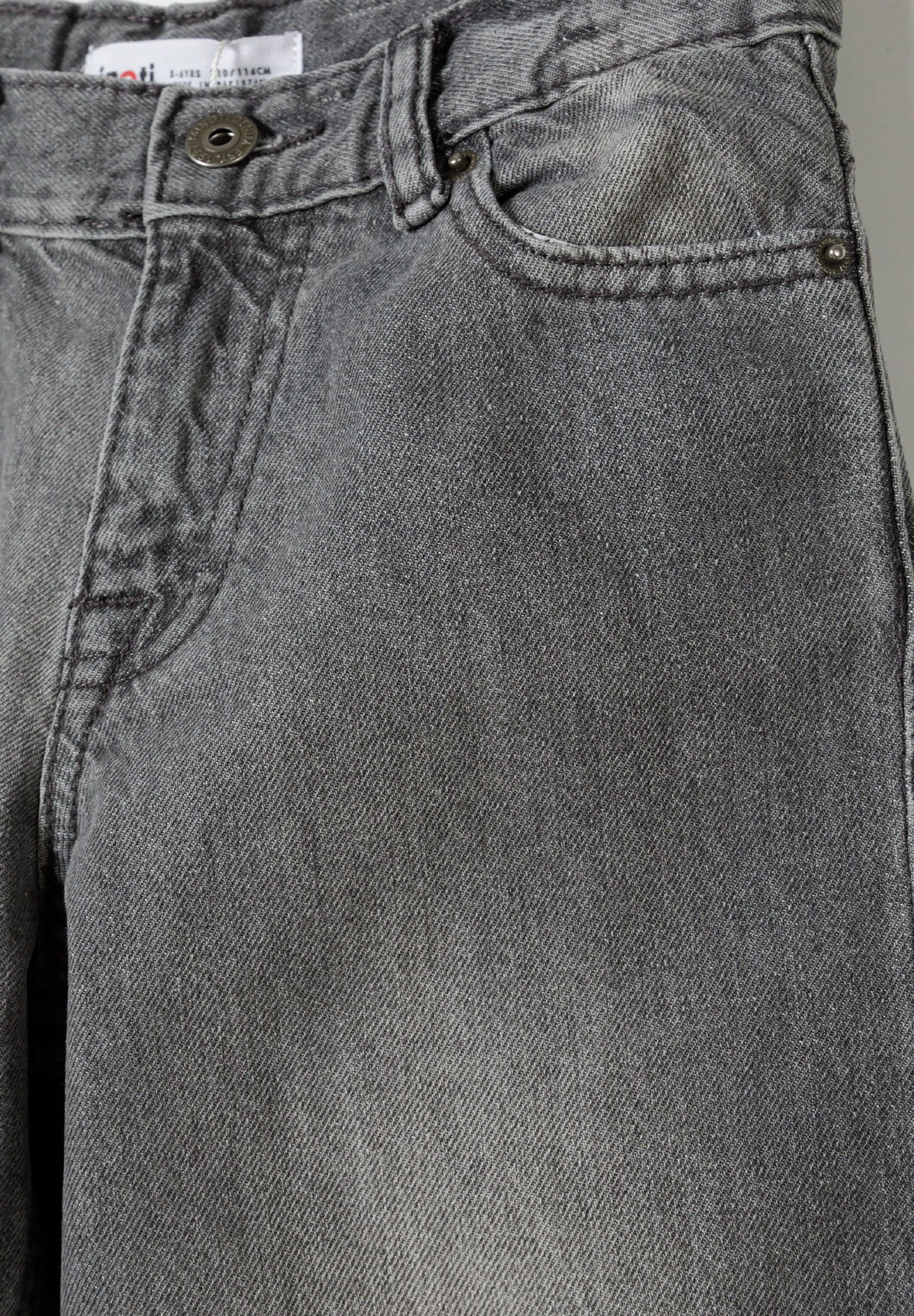 Close-up of grey baggy fit denim jeans for boys, featuring front pocket and button detail.