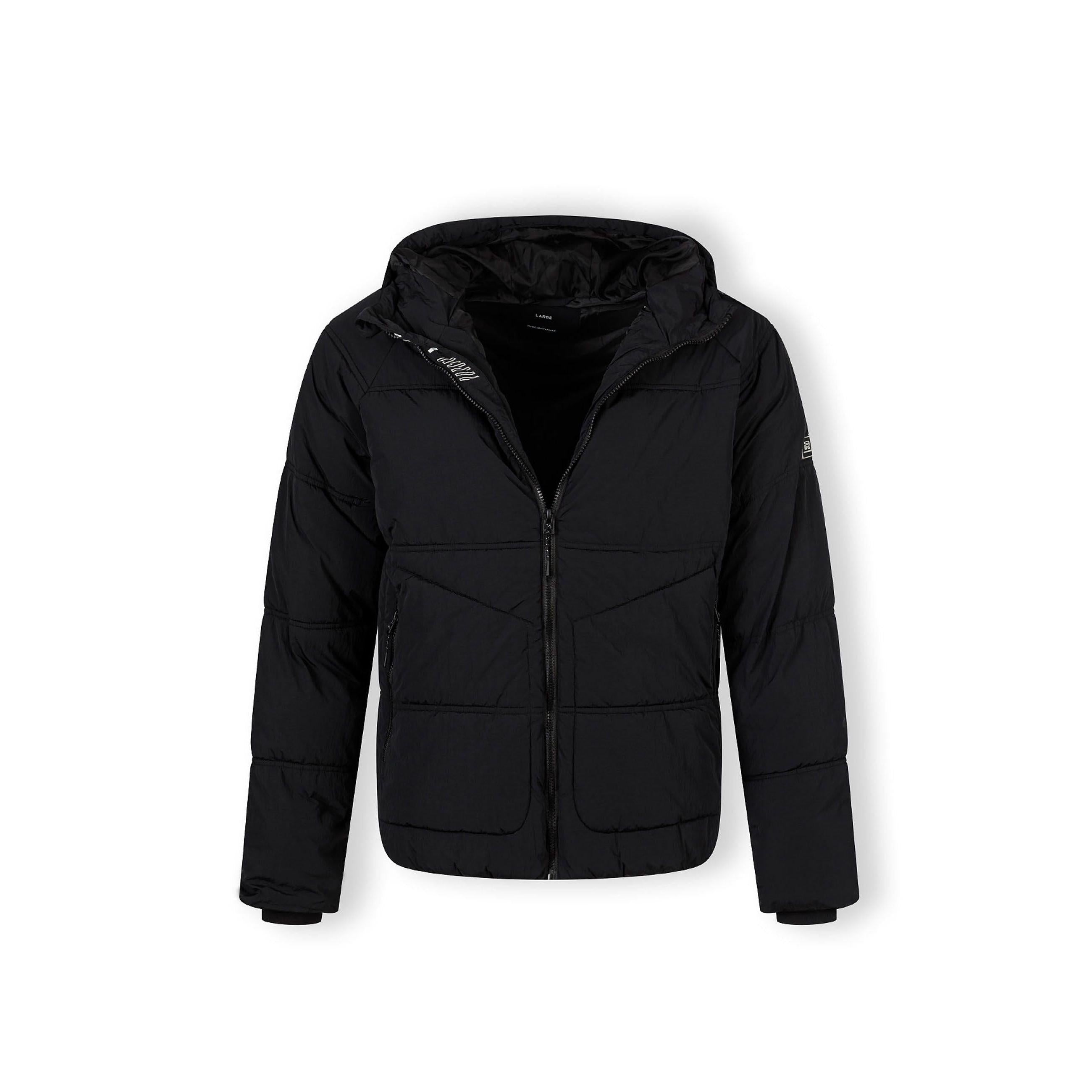 Black quilted jacket laid flat showing front view with hood, zip closure and structured quilted panels against white background