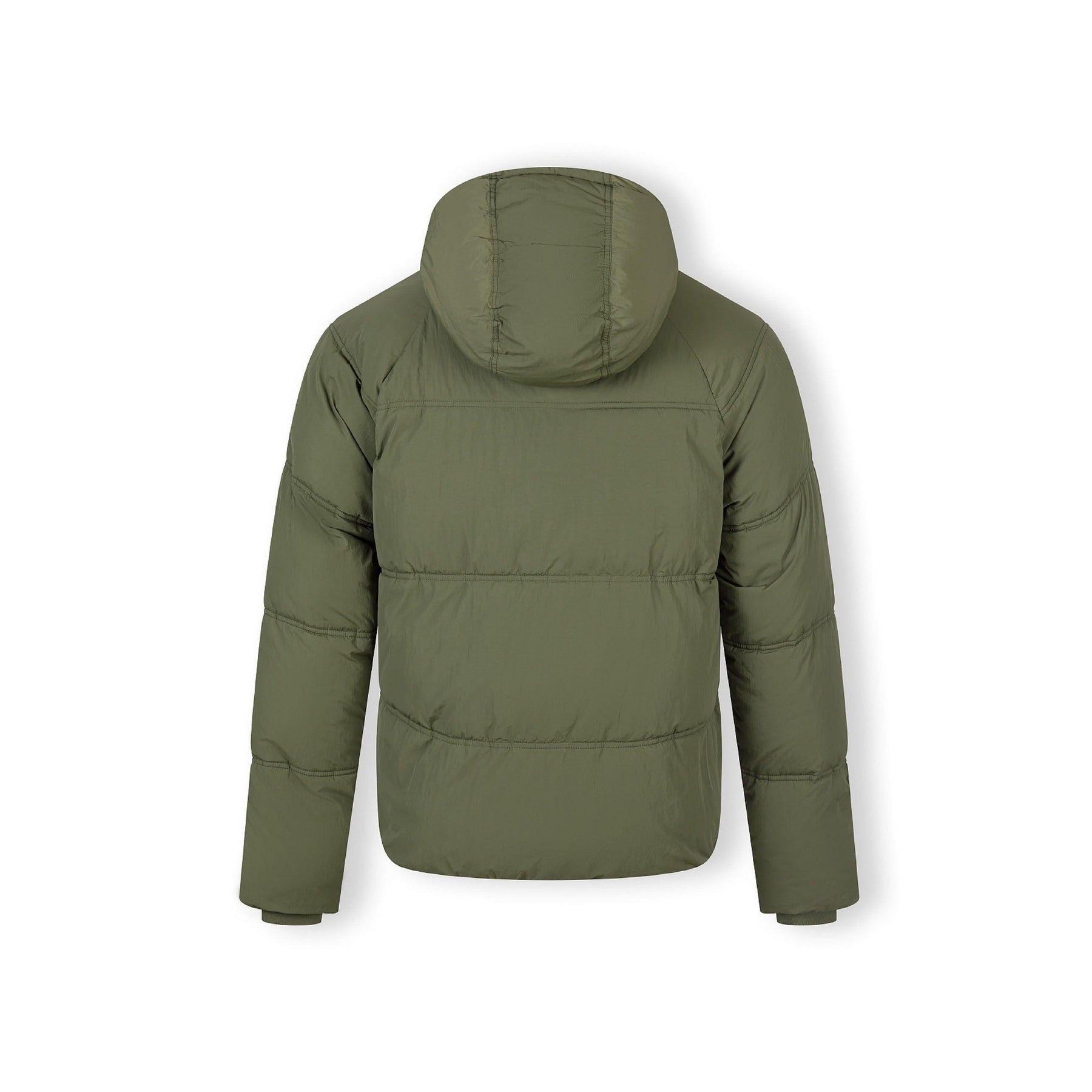 Same quilted jacket partially unzipped showing black interior lining and brand label, flat lay on white background