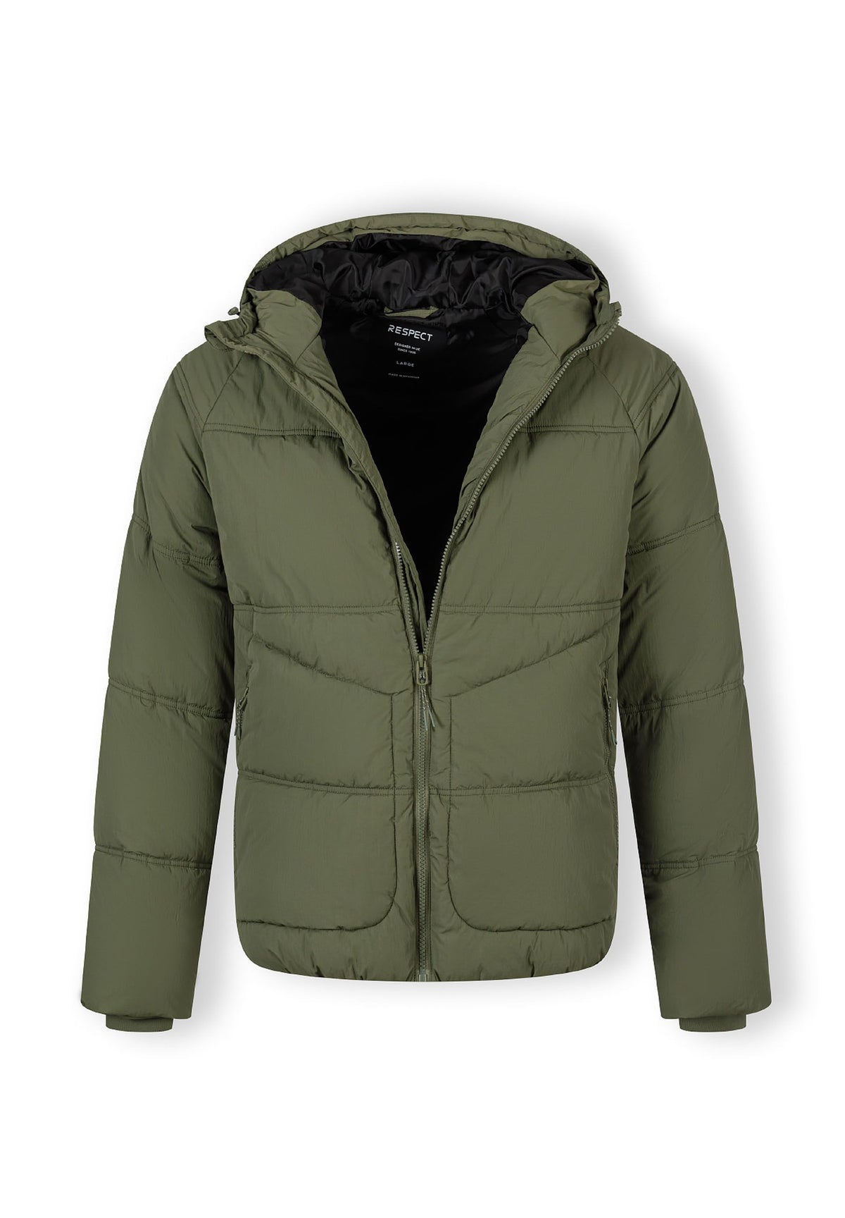 The khaki puffer jacket shown open to reveal the inside.