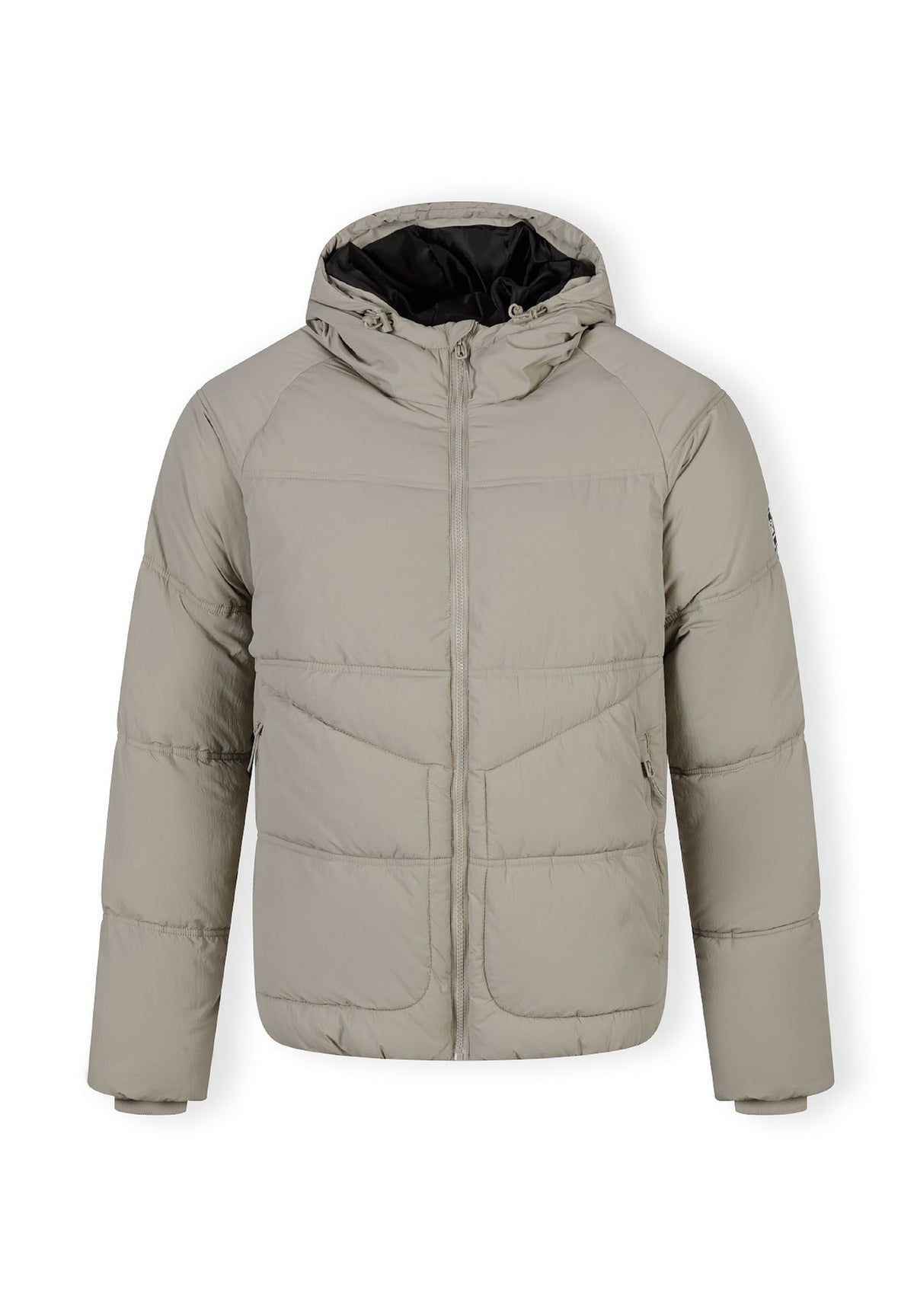 Front of a light beige puffer jacket.