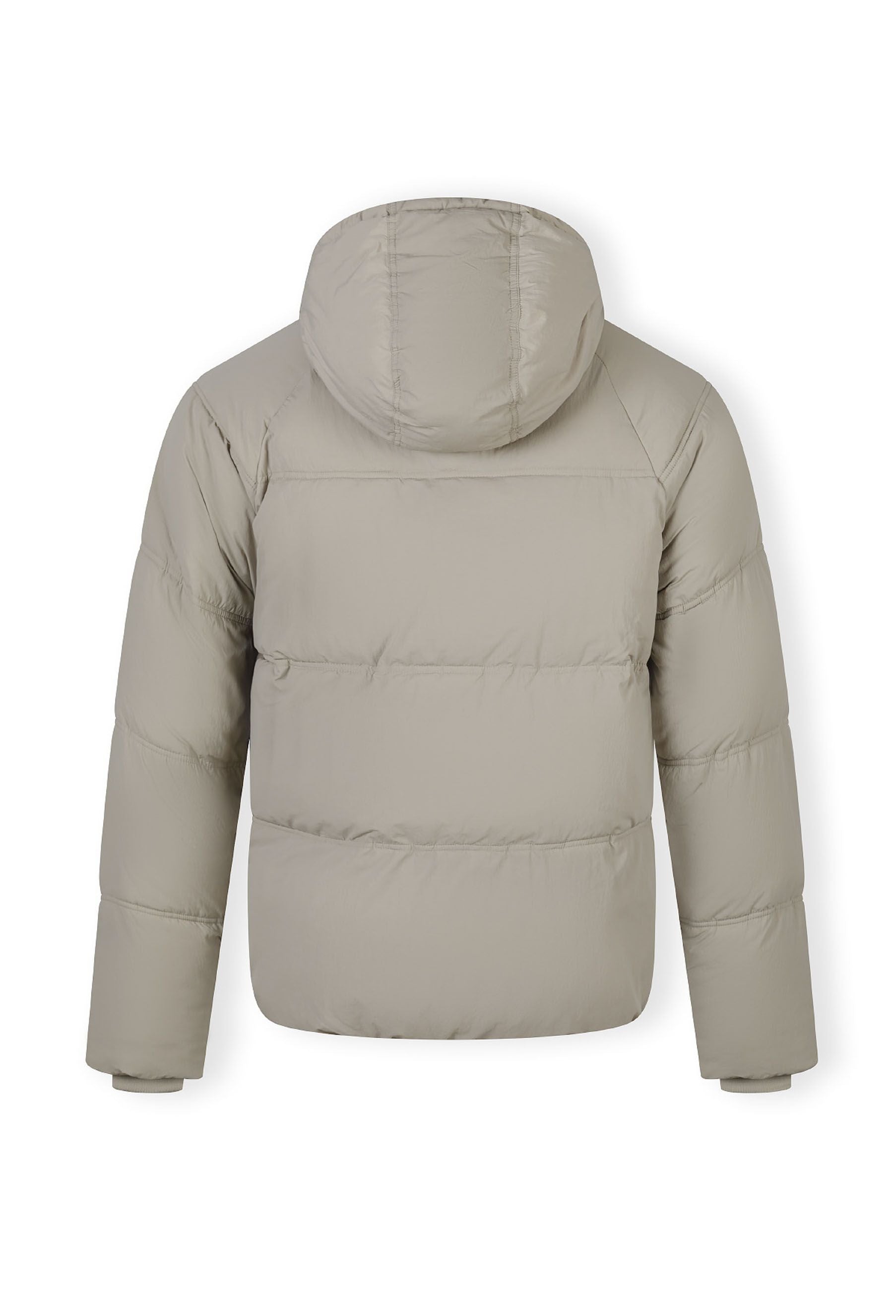Boys quilted jacket in grey, back view with hood and elasticated cuffs.