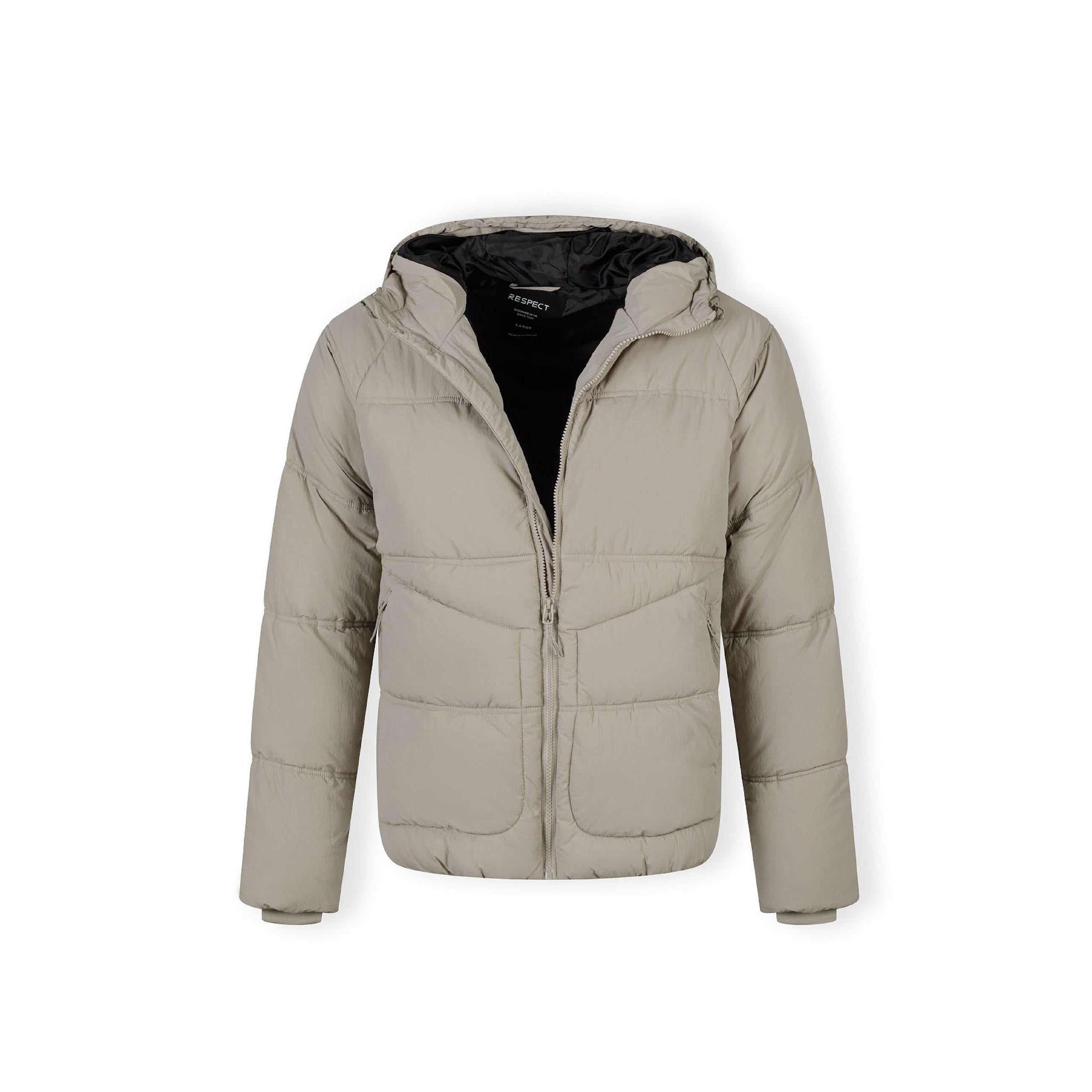 Grey quilted jacket laid flat showing front view with hood, zip closure and black interior lining visible