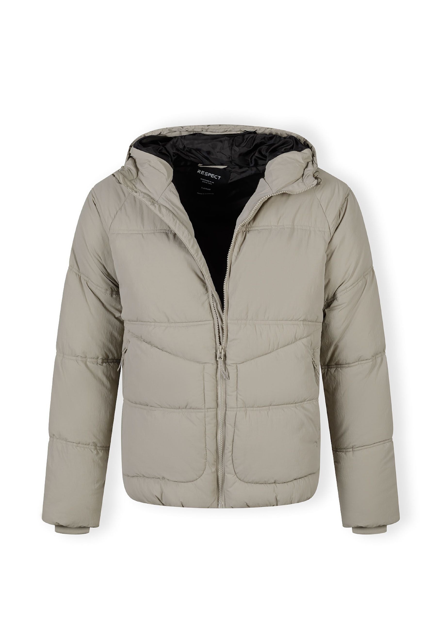 Boys quilted jacket in grey, front view with hood, zip, and pockets.