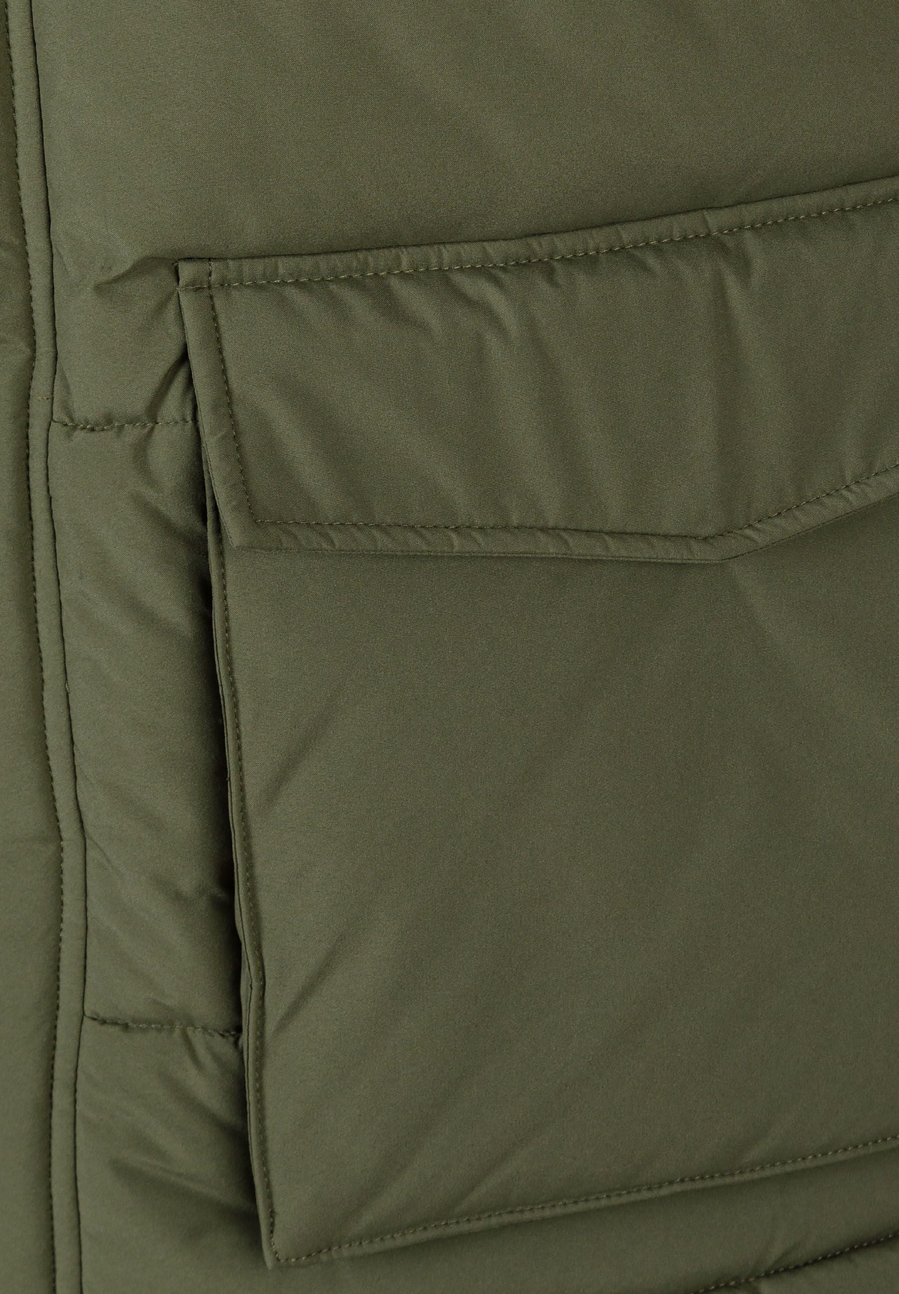 Detail of khaki men's long jacket with flap pocket and quilted pattern.