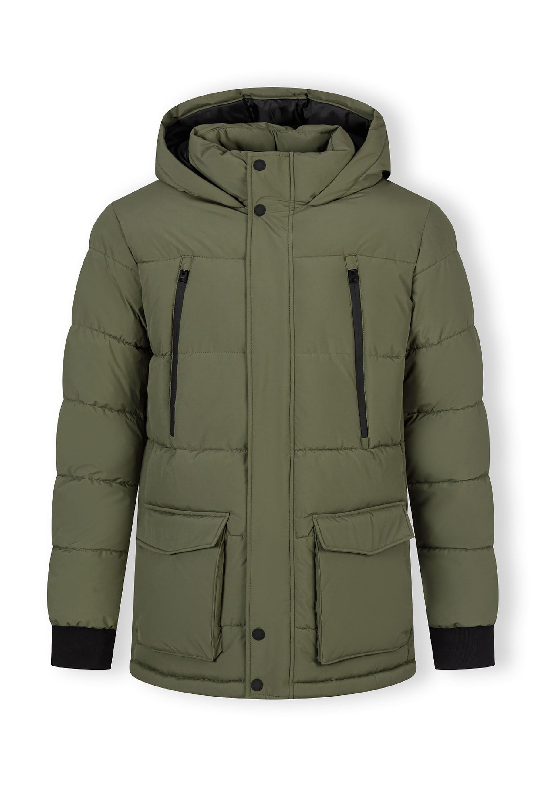 Men's long khaki jacket with fixed hood, zip pockets, and quilted design.