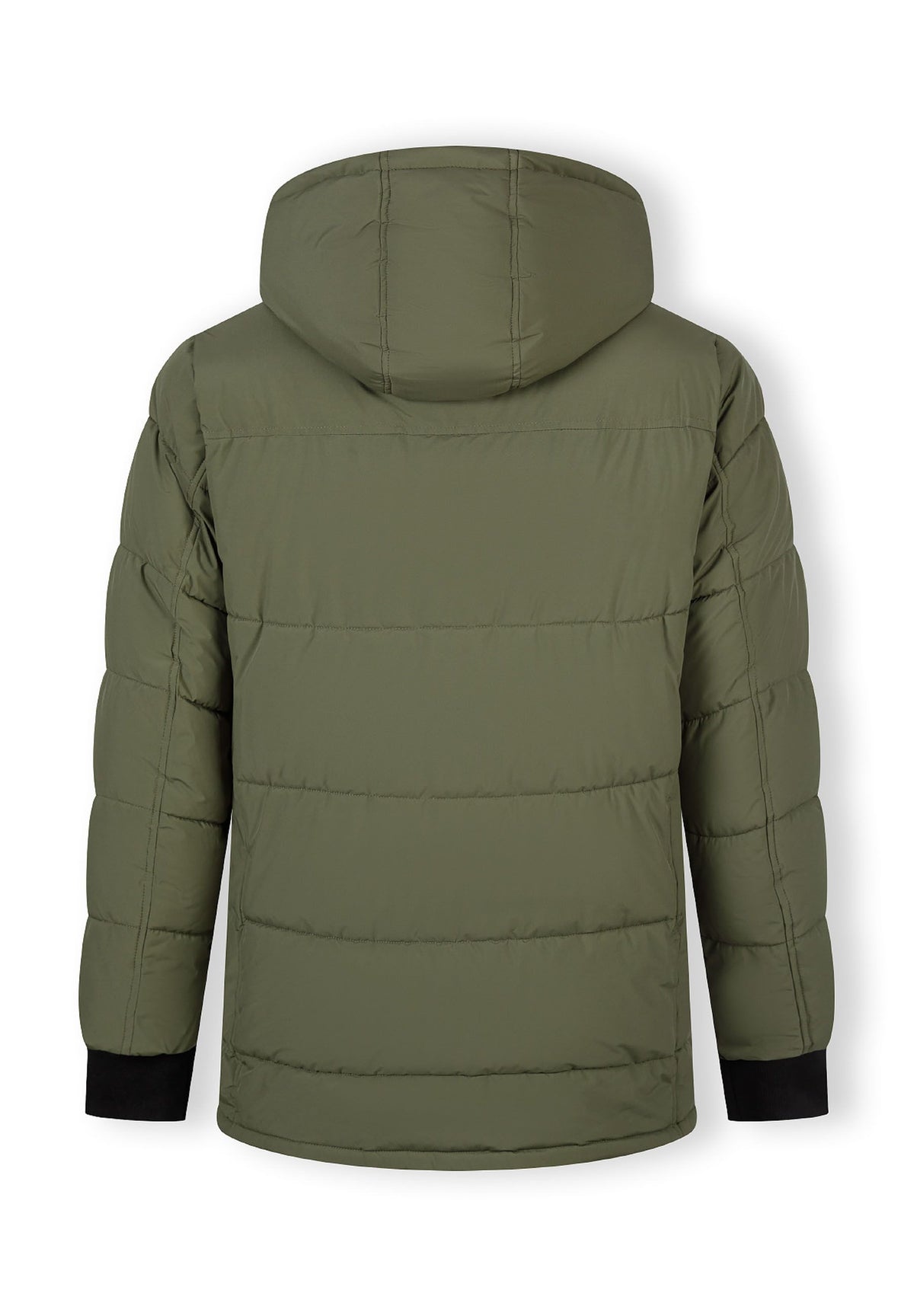 Back of a khaki padded parka.