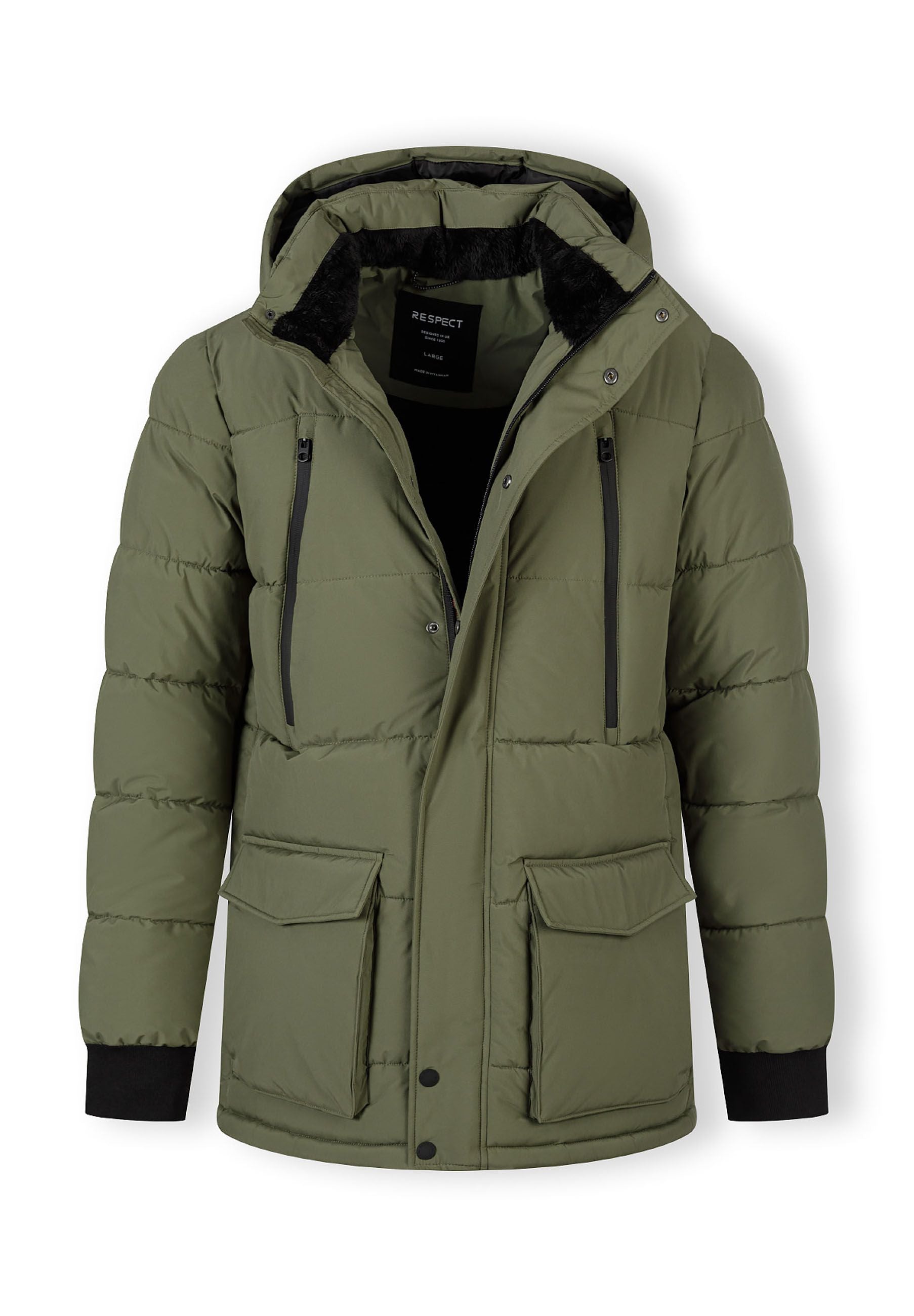 Men's long khaki jacket with fleece lining, zip pockets, and fixed hood, front view.