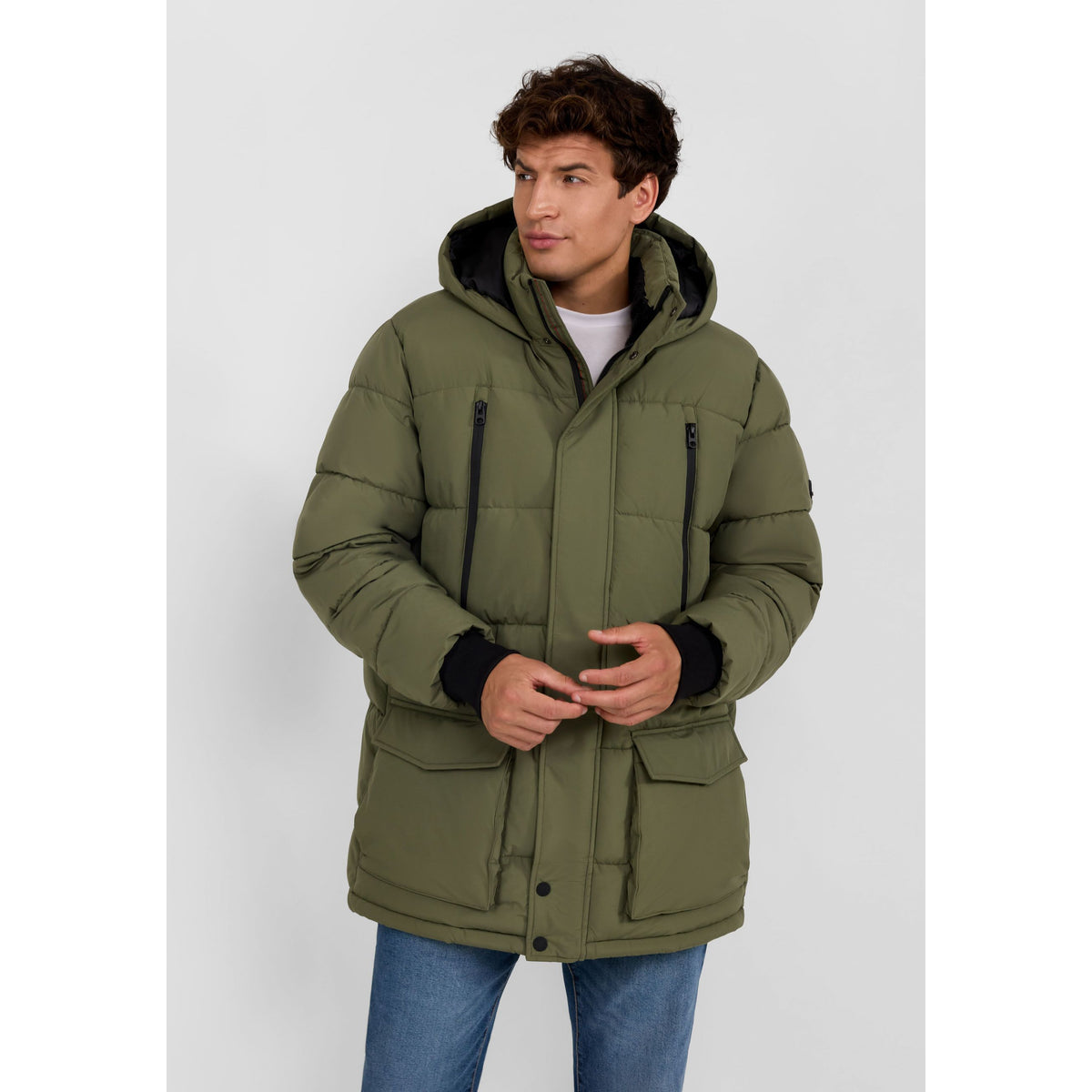 Men's padded parka in khaki — complete product view for square Shop card