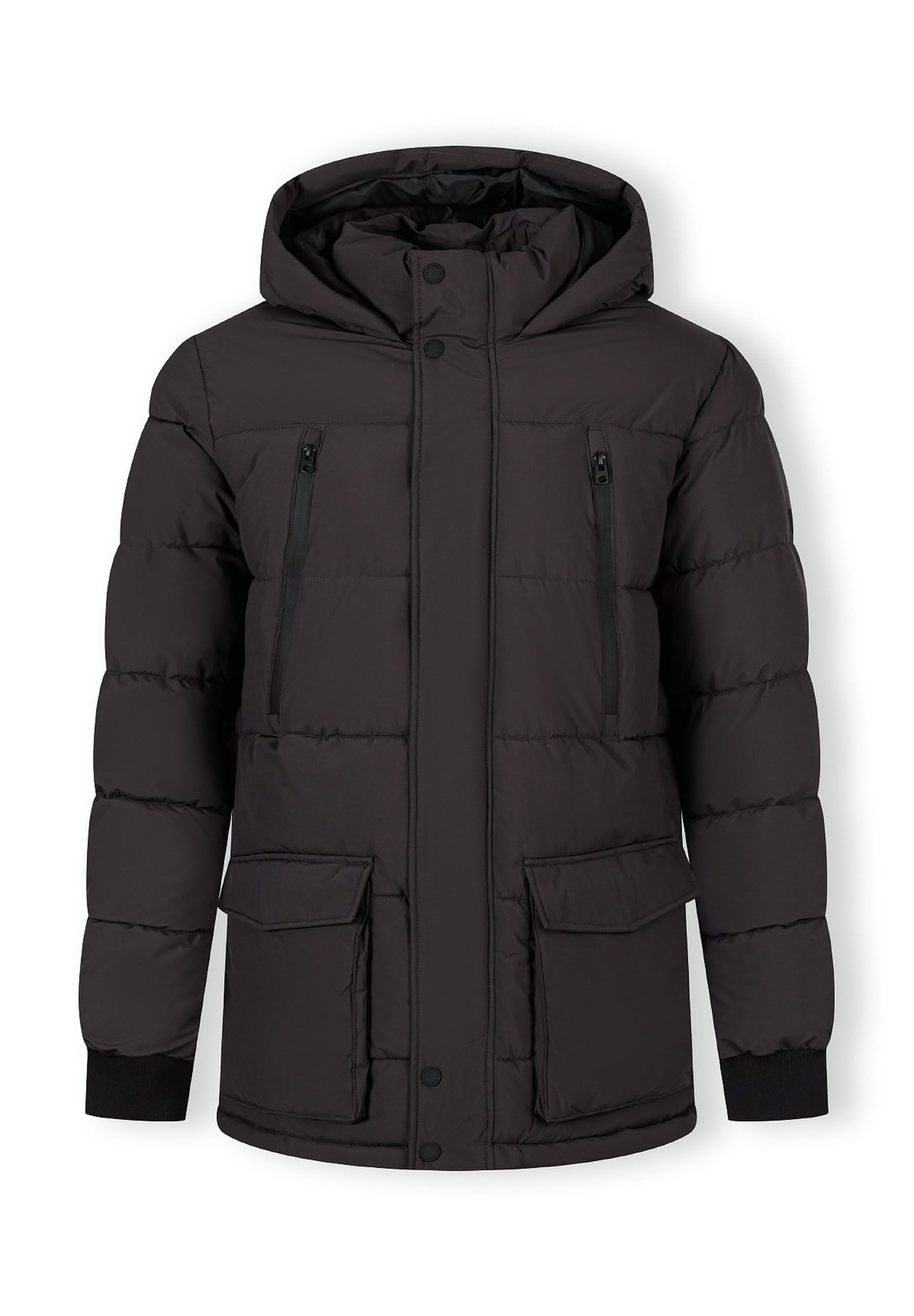 Men's long grey jacket with fleece lining, fixed hood, and waterproof zip pockets, front view.