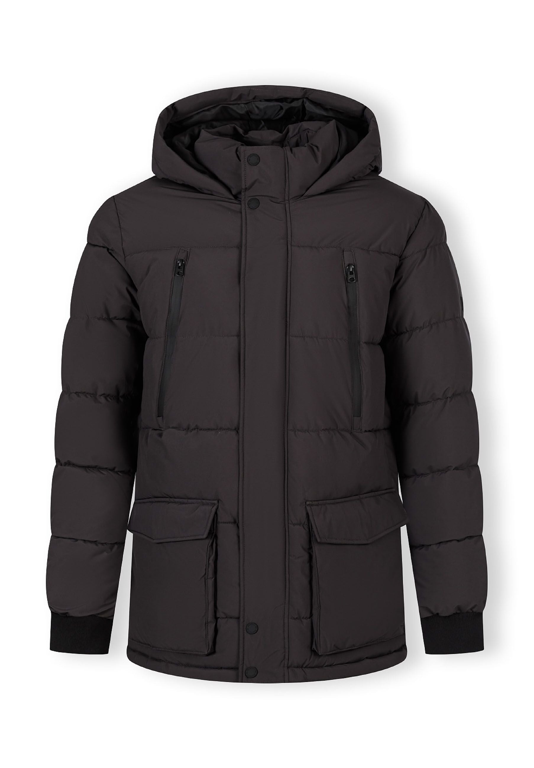 Men's long grey jacket with fleece lining, fixed hood, and waterproof zip pockets, front view.