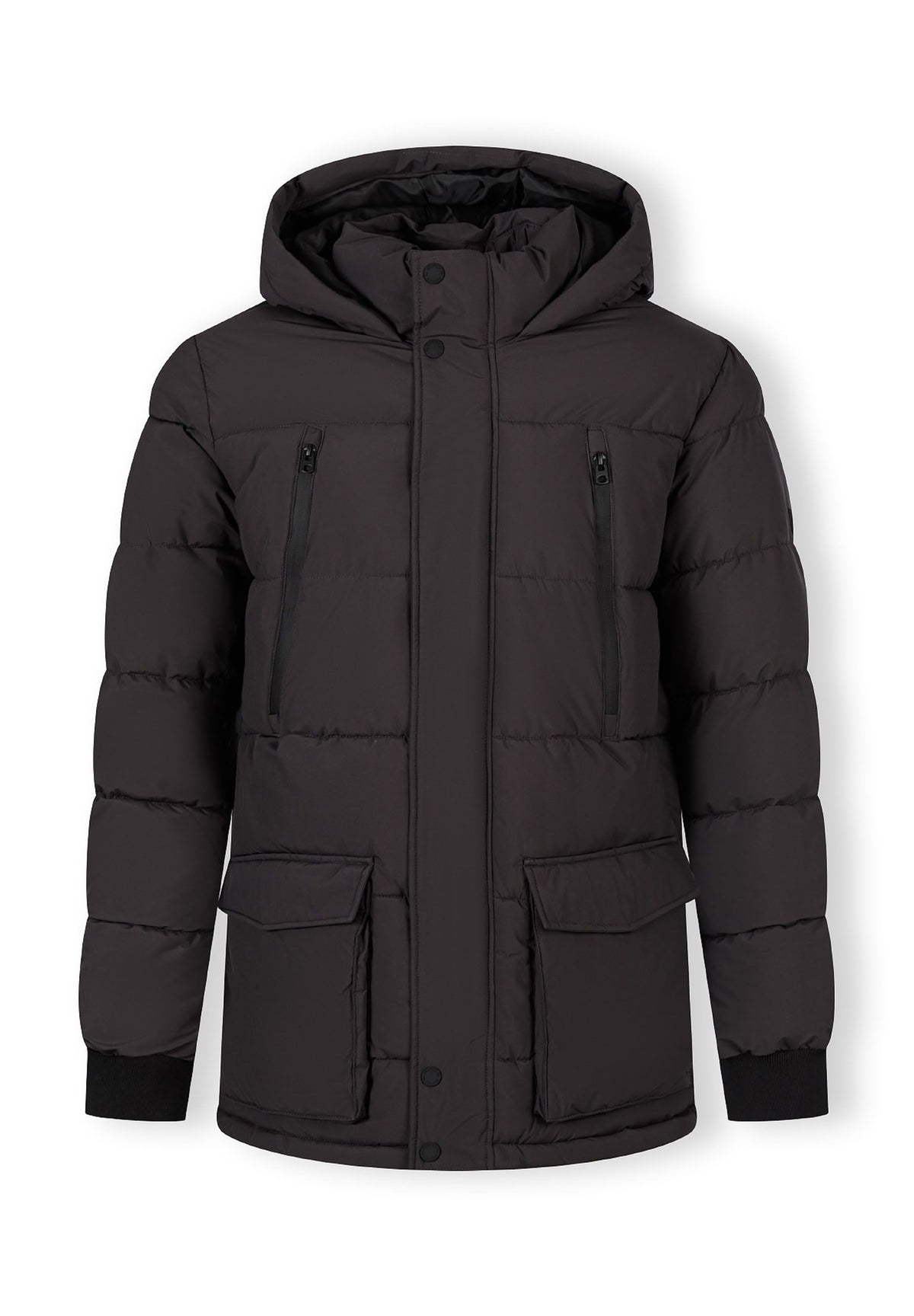 Front of a dark grey padded parka.