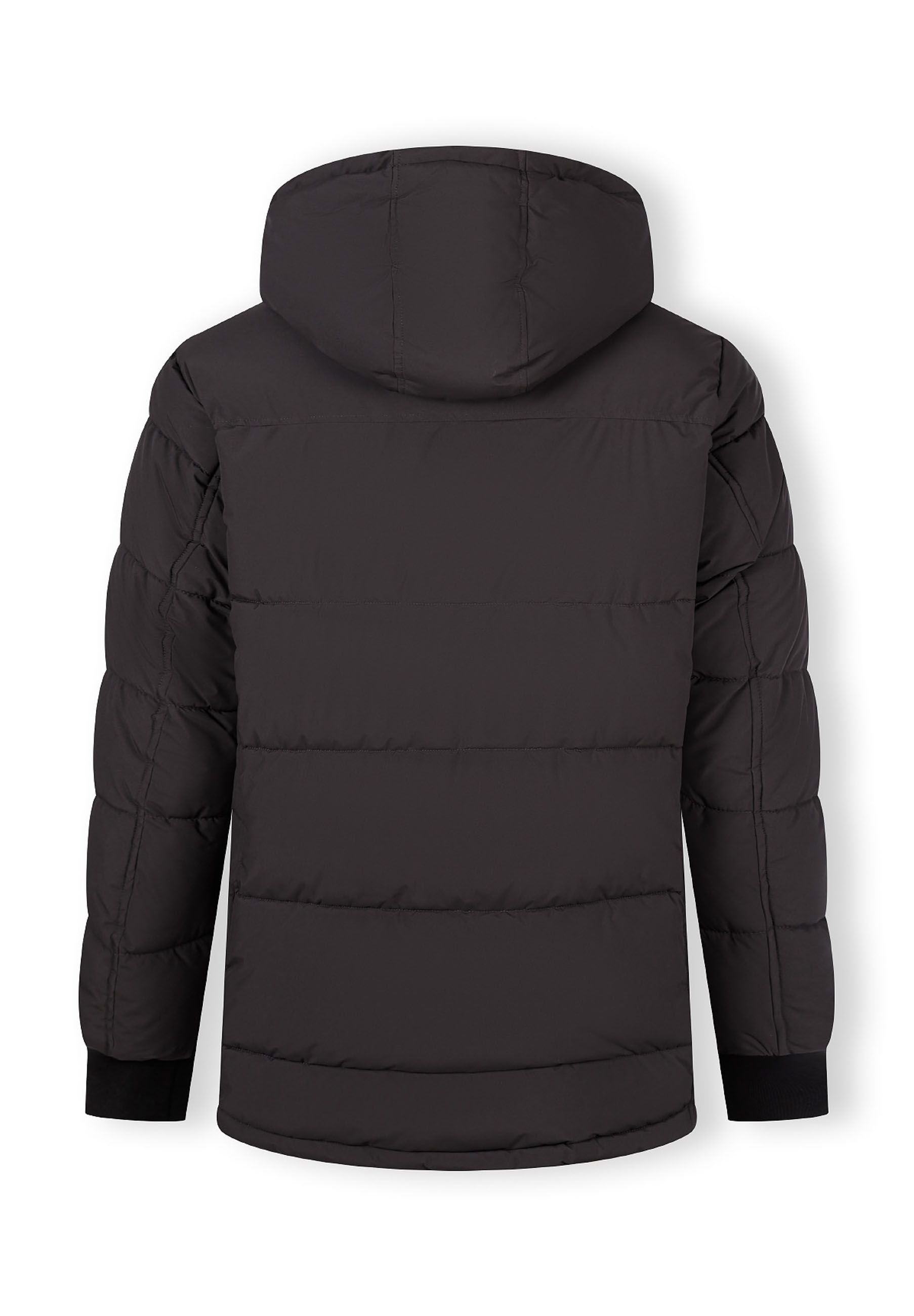 Men's long grey jacket, back view, featuring a fixed hood and elasticated cuffs.