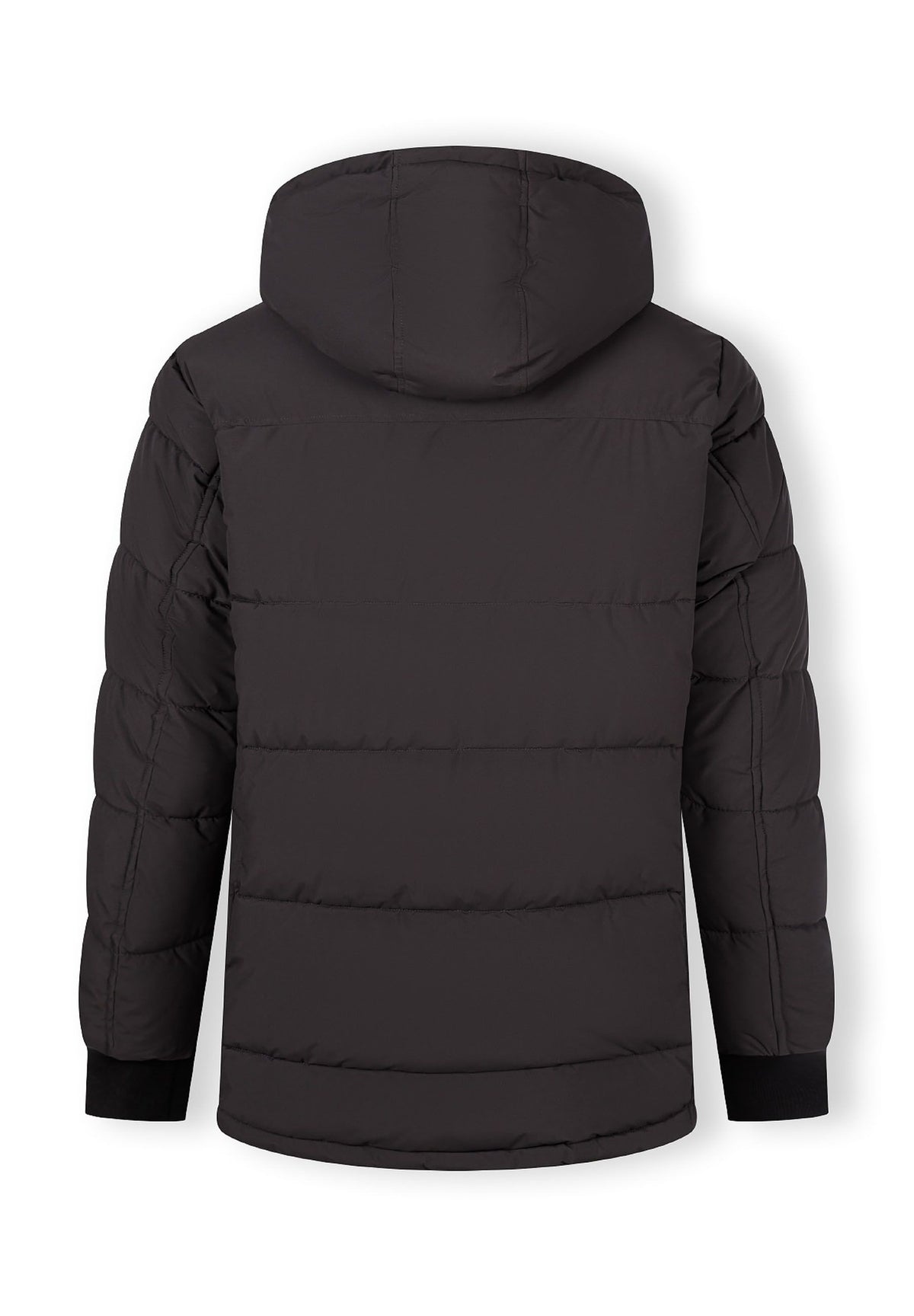 Back of a dark grey padded parka.