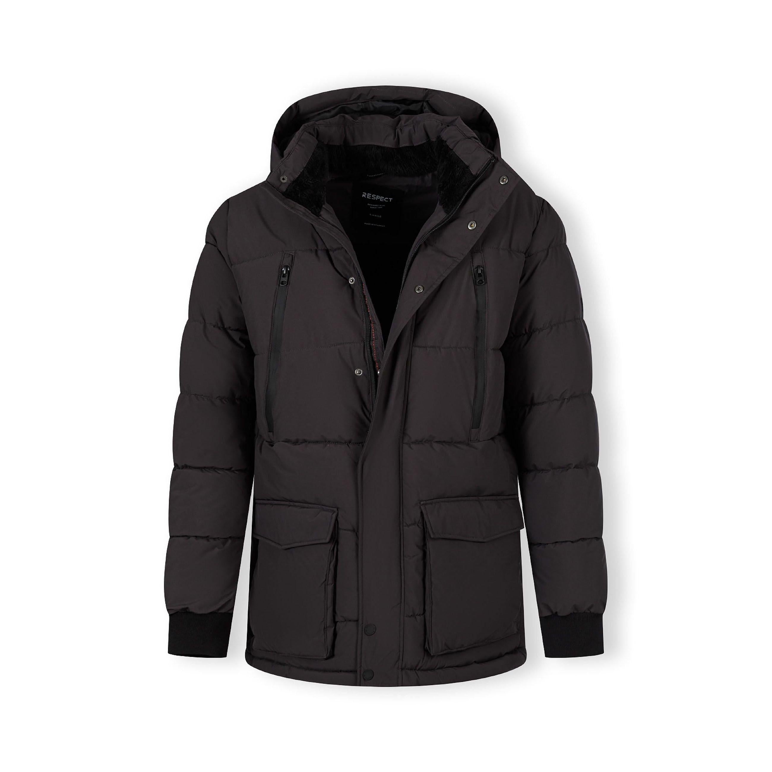 Grey padded jacket laid flat showing front view with hood, zip closure and multiple pockets on white background