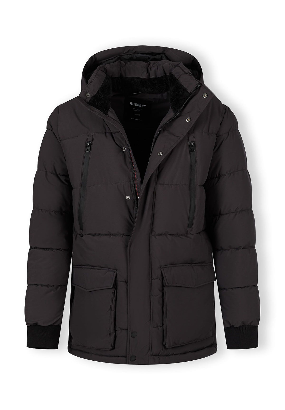 The dark grey padded parka shown open to reveal the inside.