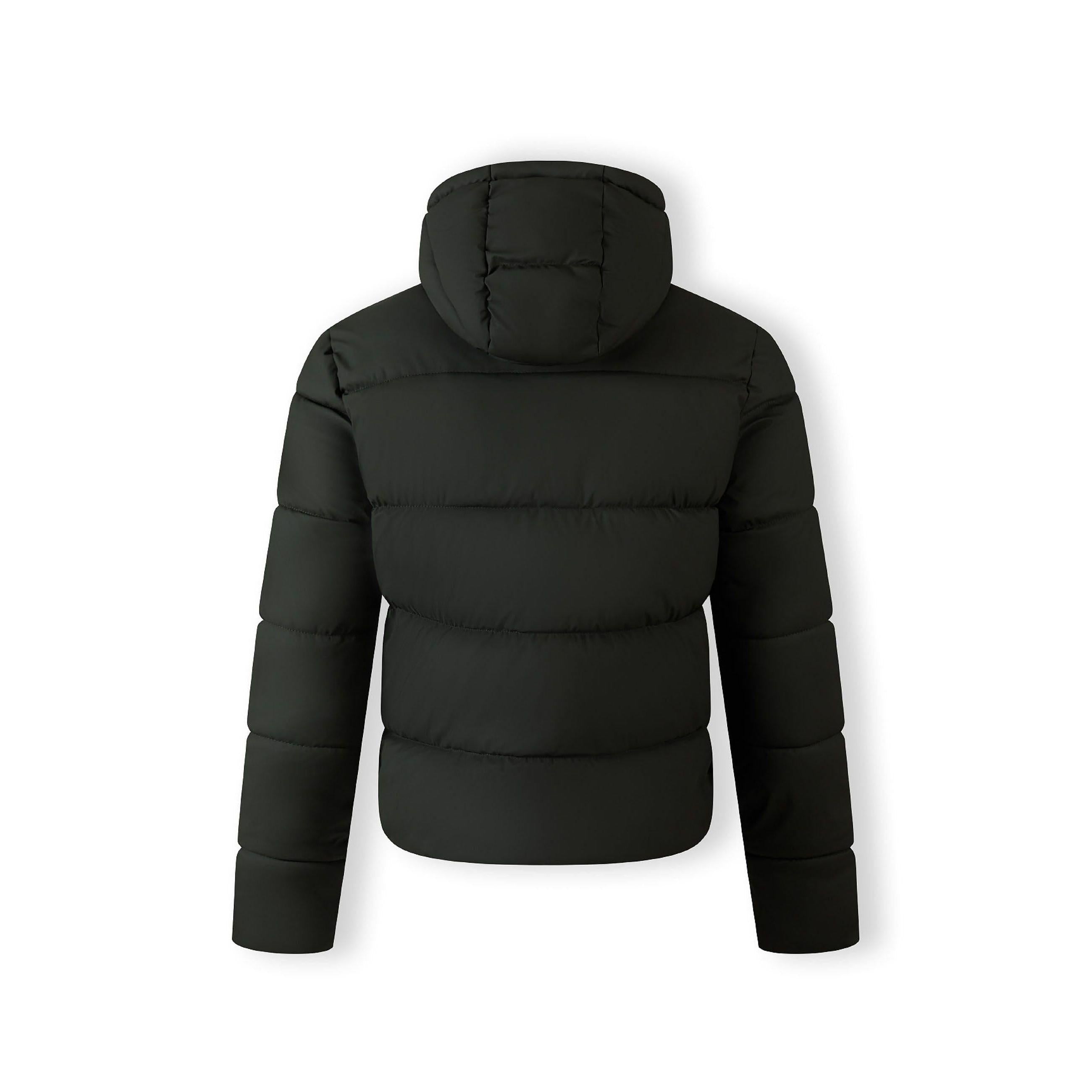 Back view of khaki padded jacket showing quilted pattern and hood design on white background