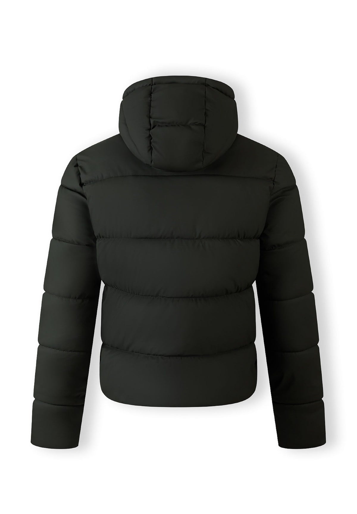 Back of a dark khaki puffer jacket.