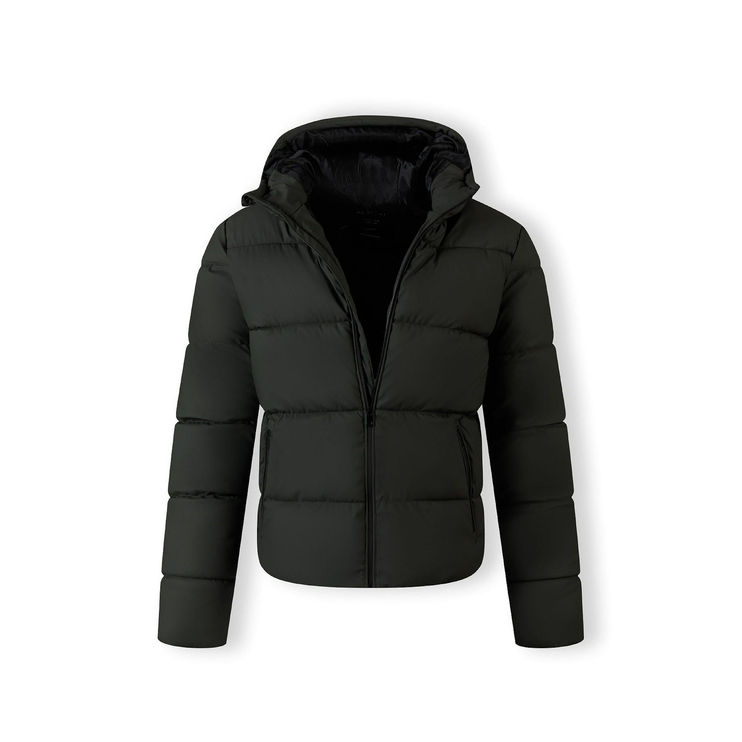 Close-up detail of zip pocket with black zipper on khaki padded jacket fabric