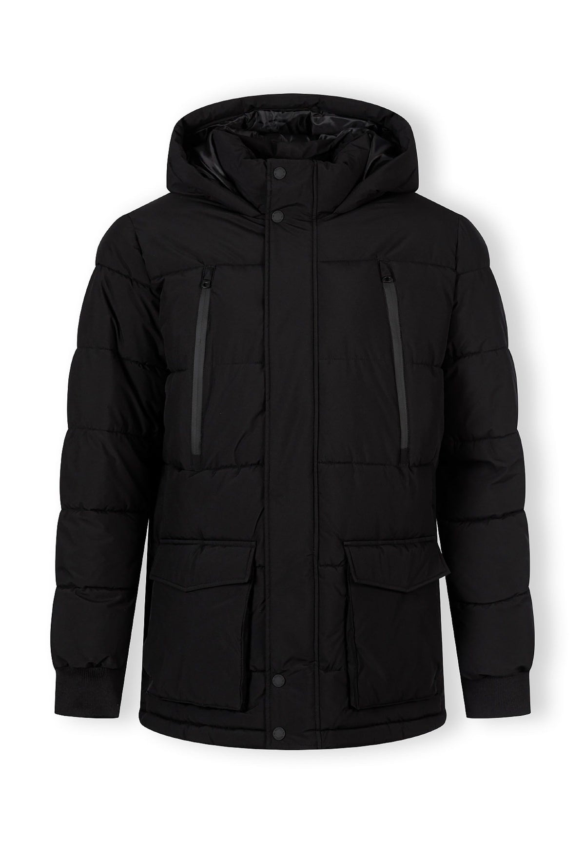 Front of a black padded parka.