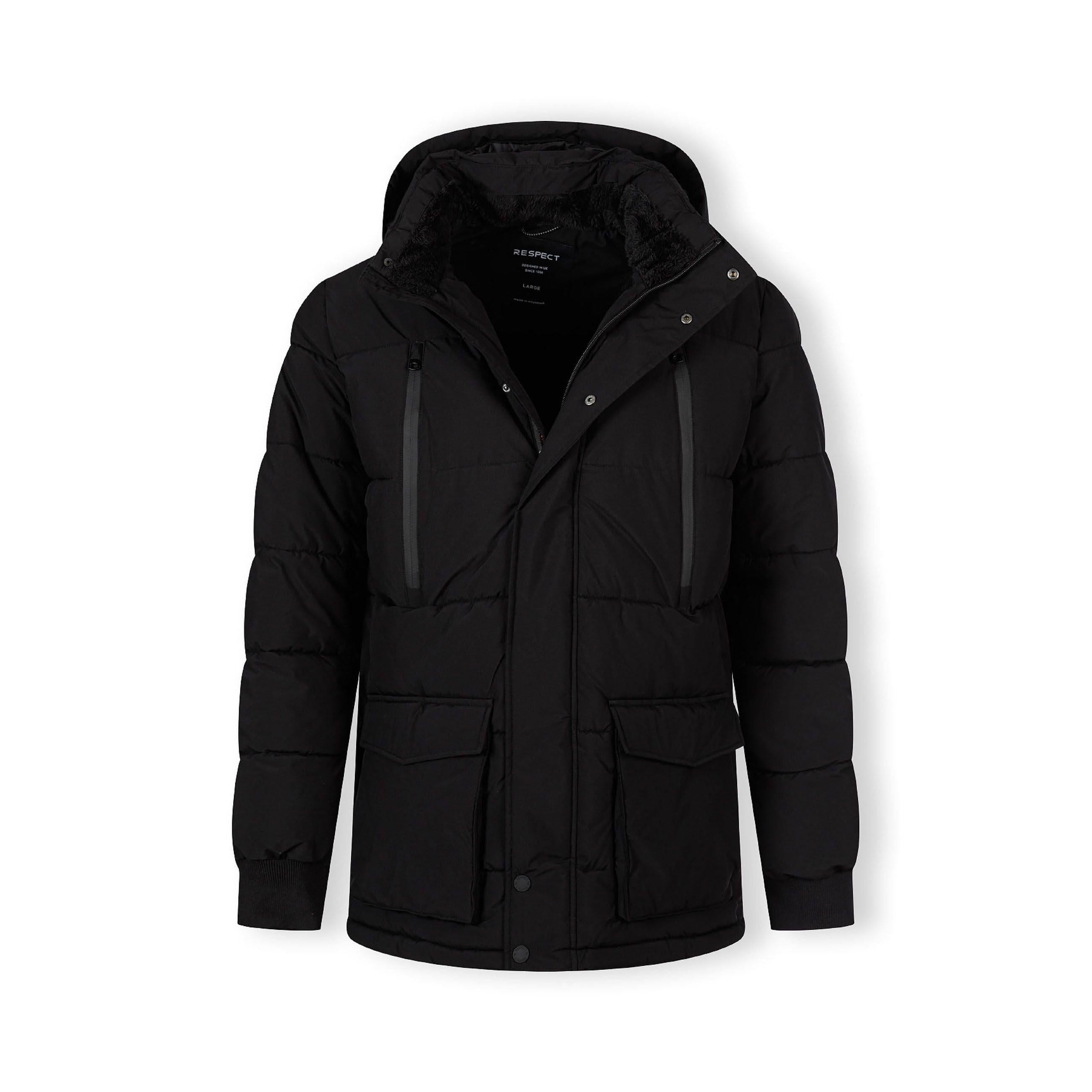 Black quilted parka jacket with hood and chest pocket laid flat on white background