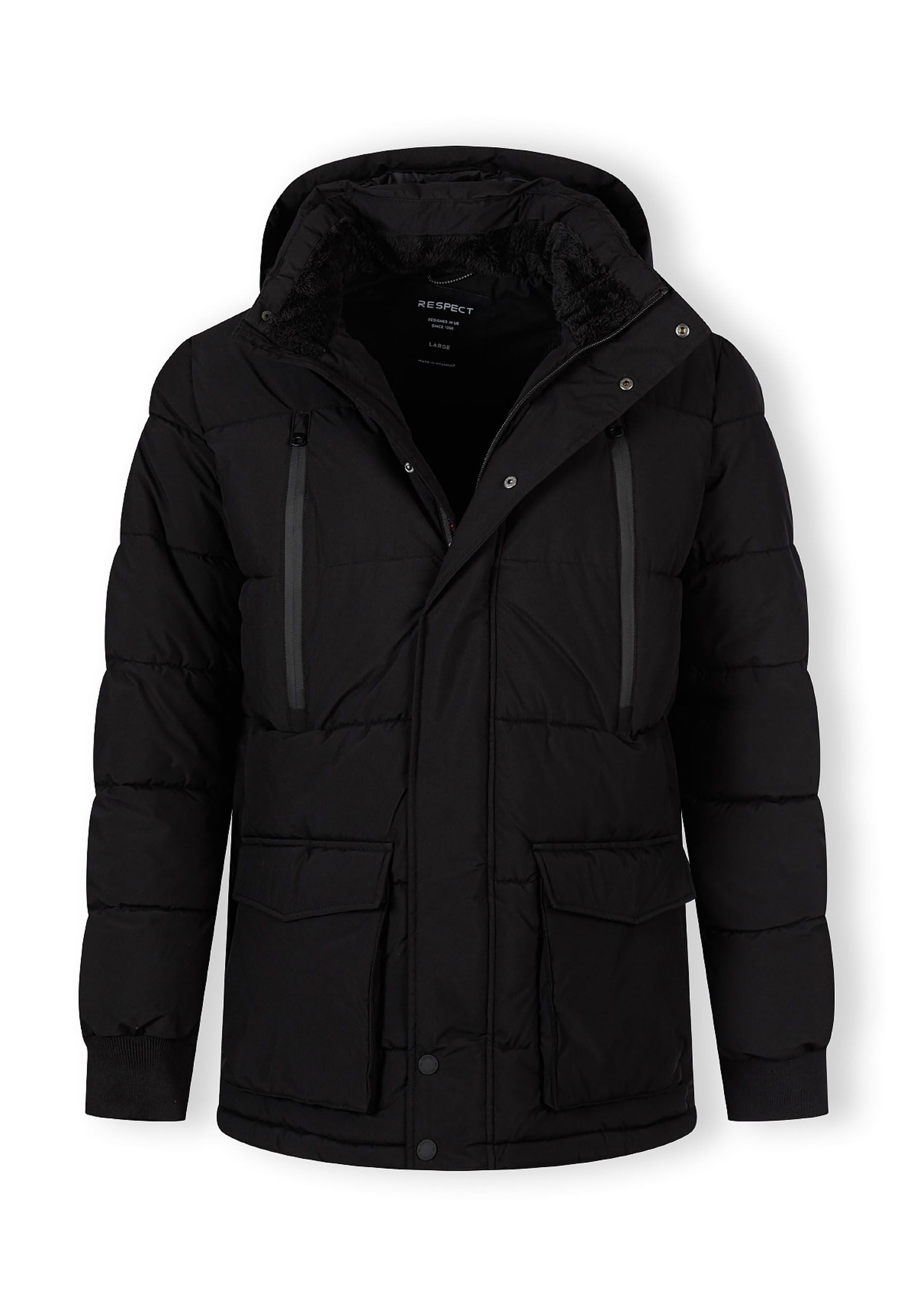 Men's black long parka, front view, featuring a fixed hood and two chest pockets.