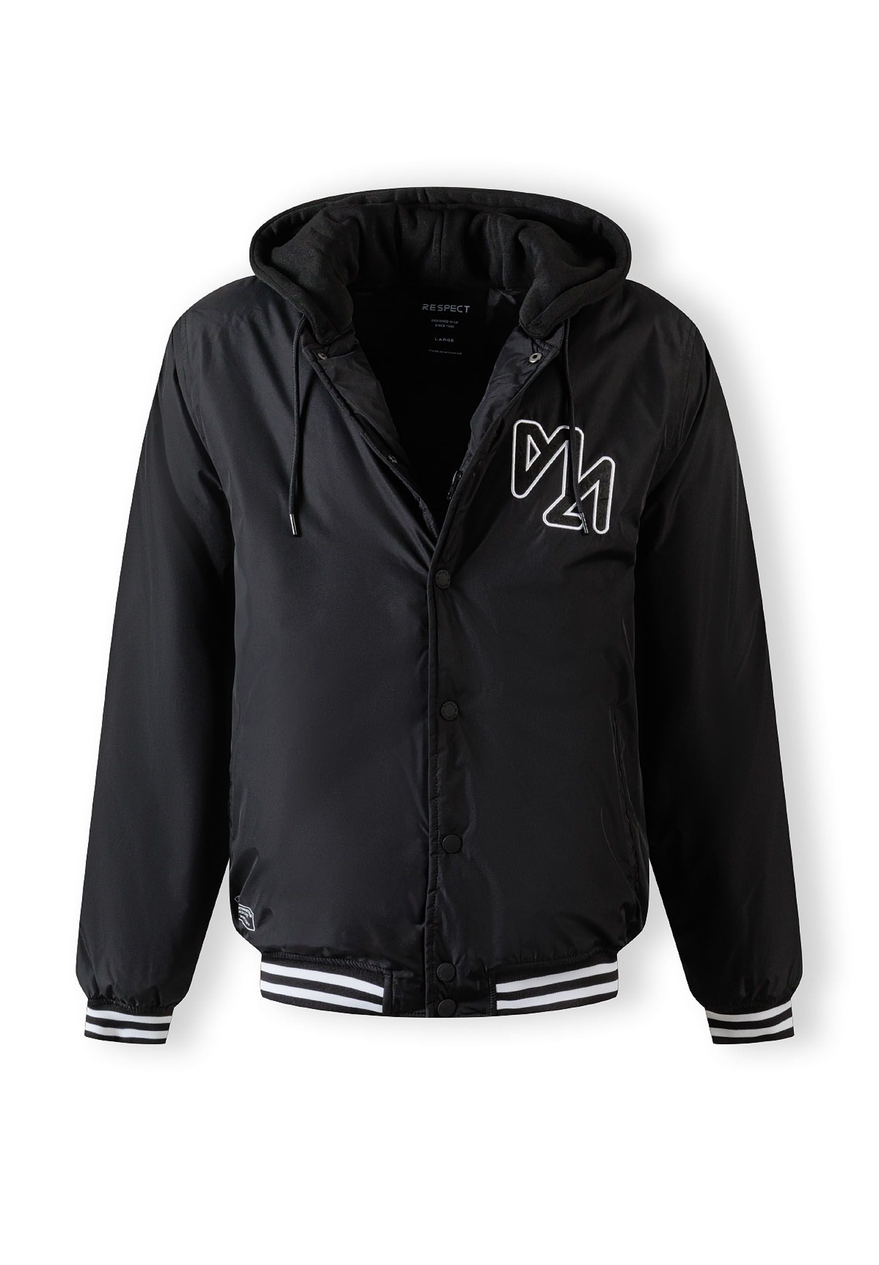 Men's black baseball jacket with detachable hood, ribbed cuffs, and embroidered detail.