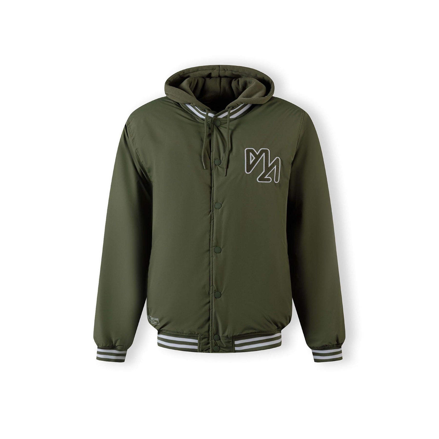 Flat lay of khaki bomber jacket showing front view with button closure and chest logo detail on white background