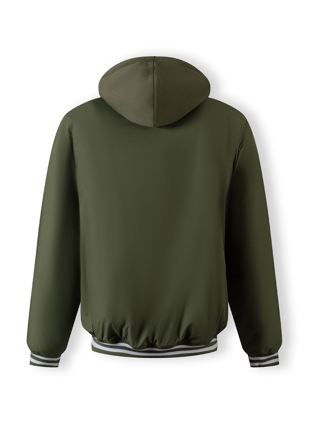 Back of a khaki varsity jacket.