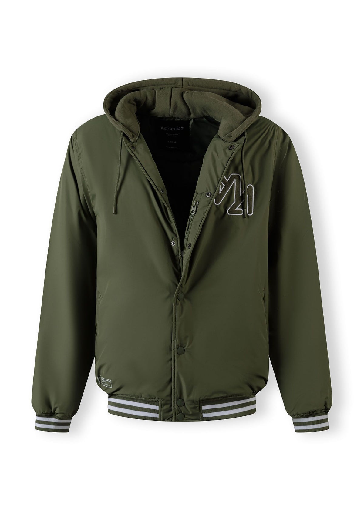 The khaki varsity jacket shown open to reveal the inside.