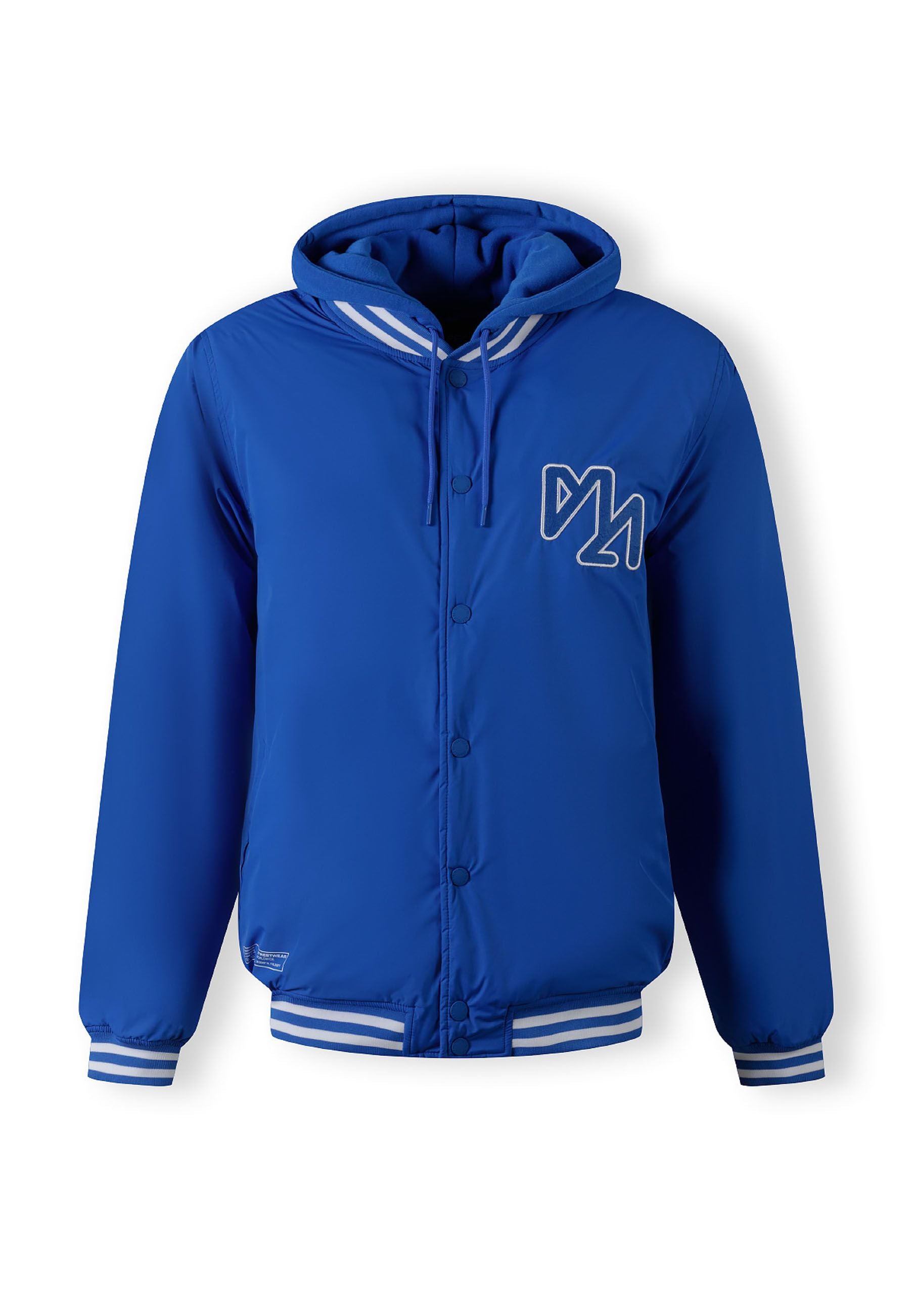 Men's cobalt blue baseball jacket with detachable hood, ribbed cuffs, and chest embroidery.