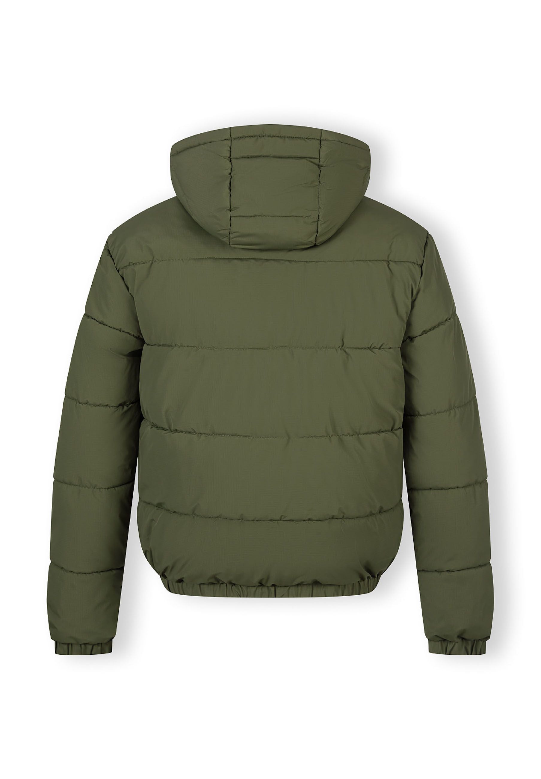 Back view of a khaki men's ripstop jacket with an adjustable hood and elasticated hem.