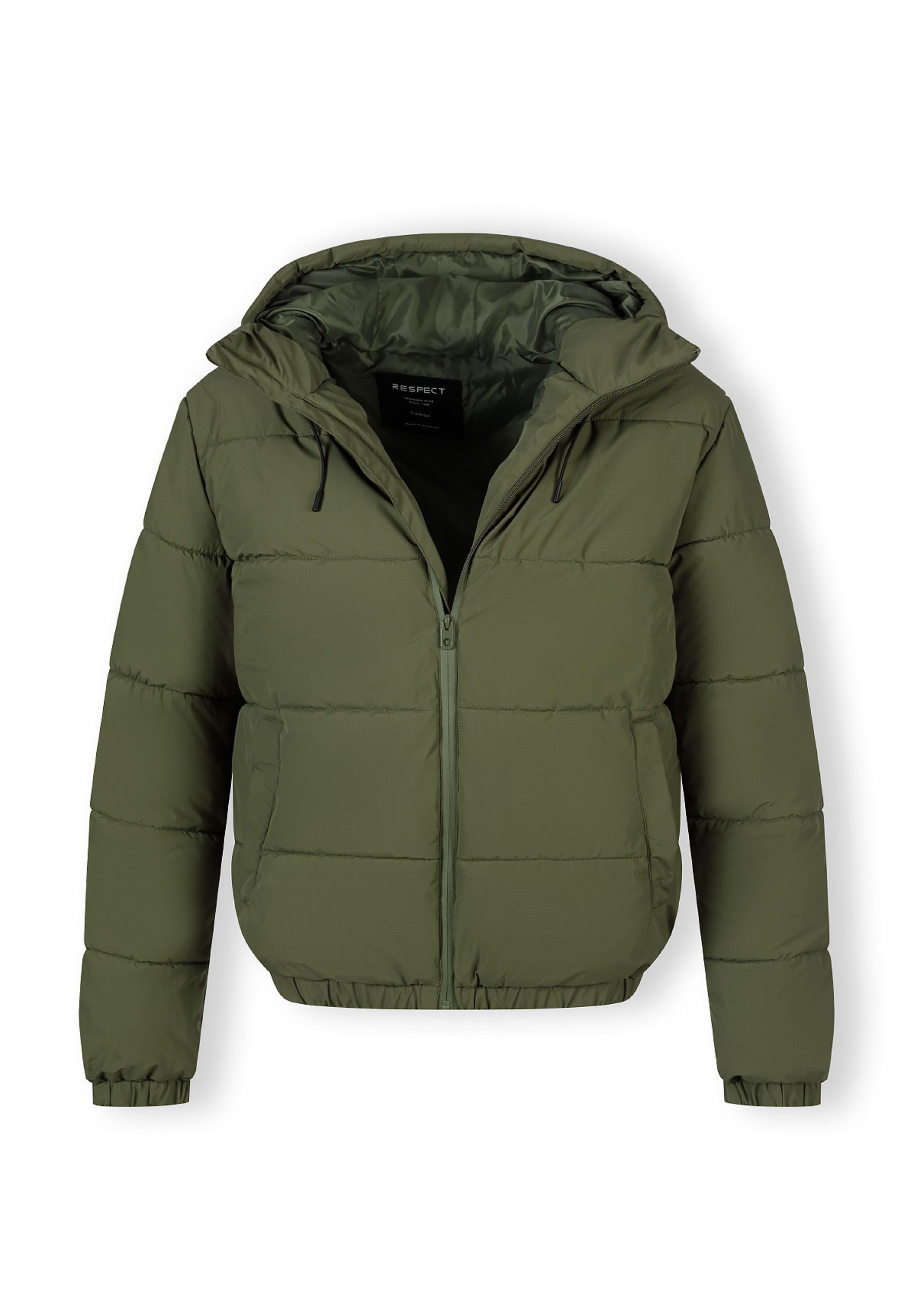 Men's khaki ripstop jacket with high collar and adjustable hood, front view, featuring zip closure and pockets.