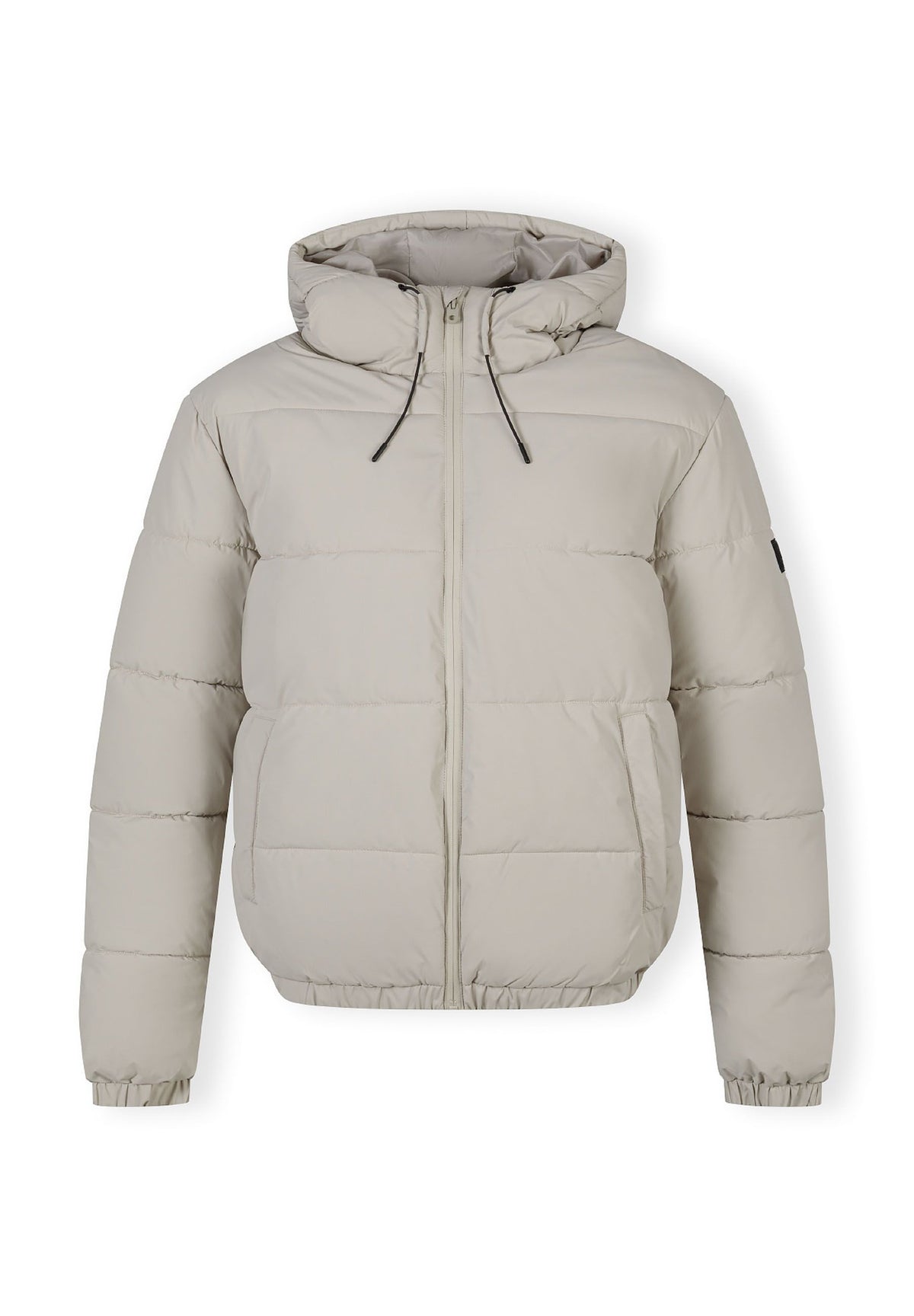 Front of a light beige puffer jacket.