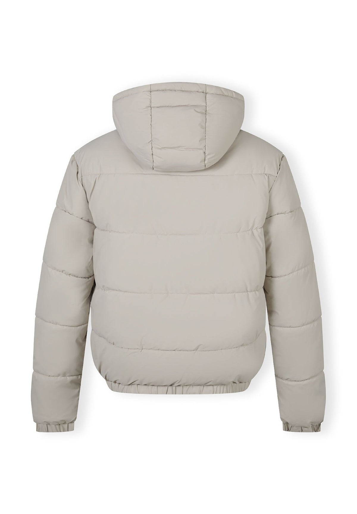 Back of a light beige puffer jacket.