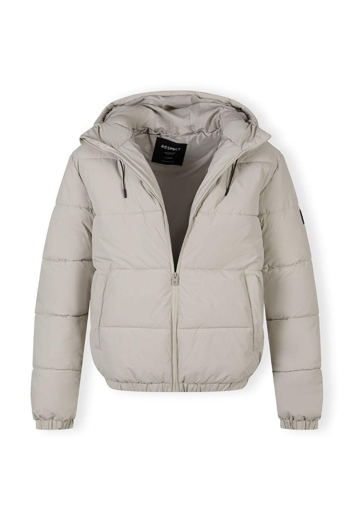 The light beige puffer jacket shown open to reveal the inside.