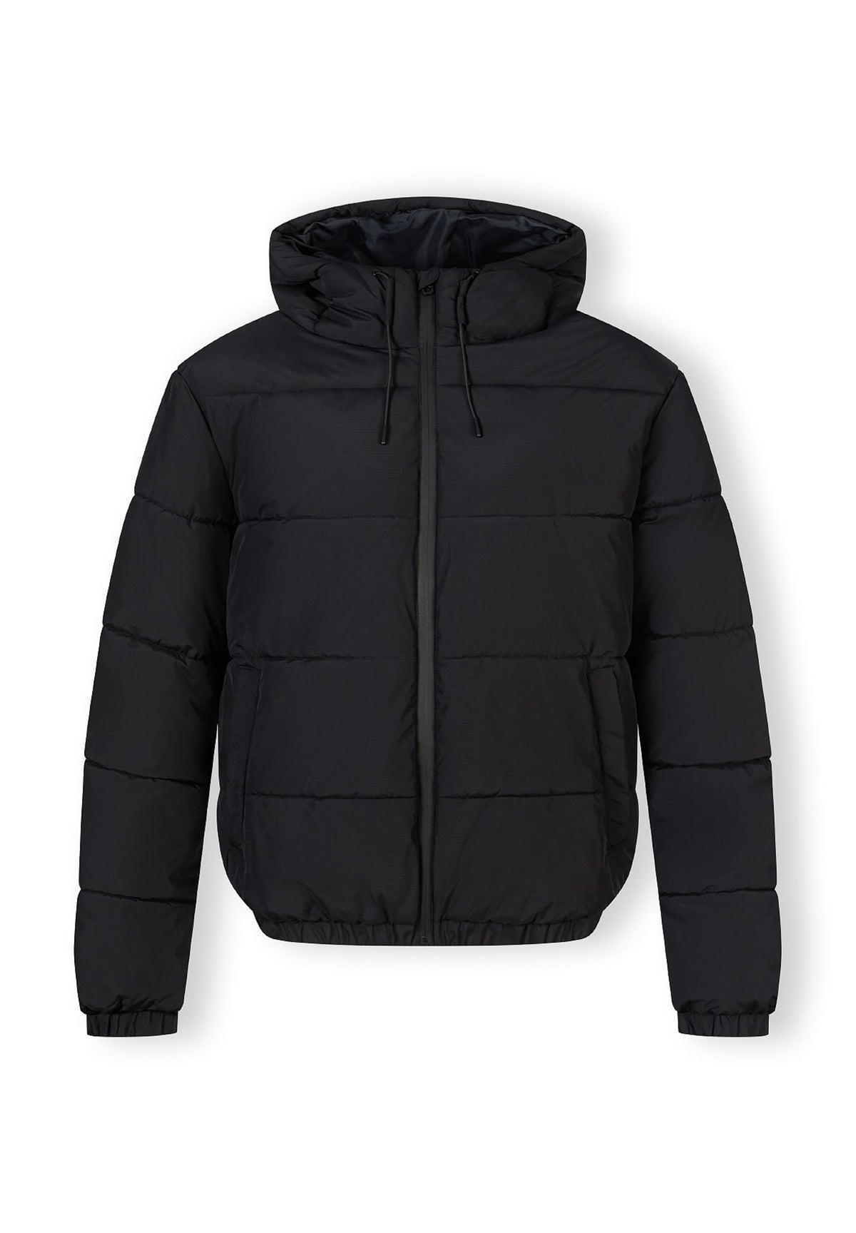 Front of a black puffer jacket.