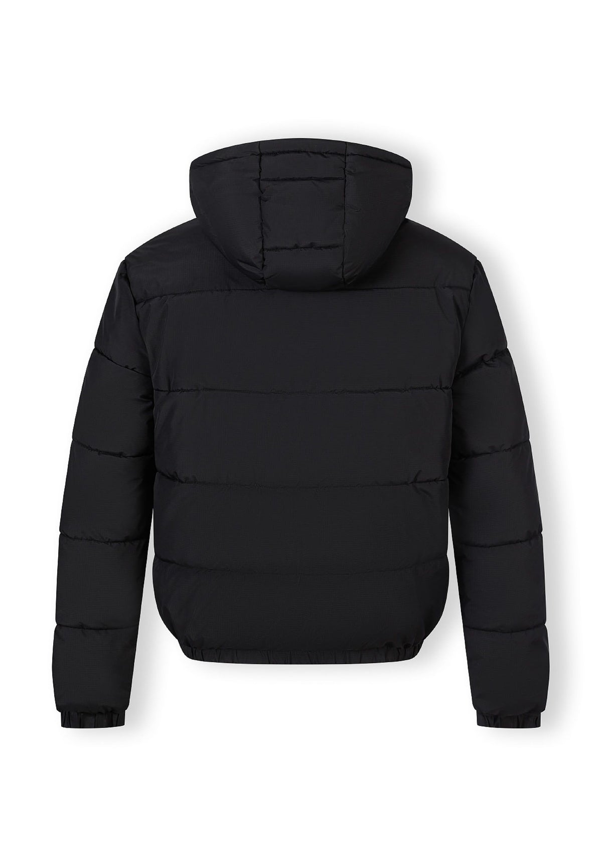 Back of a black puffer jacket.