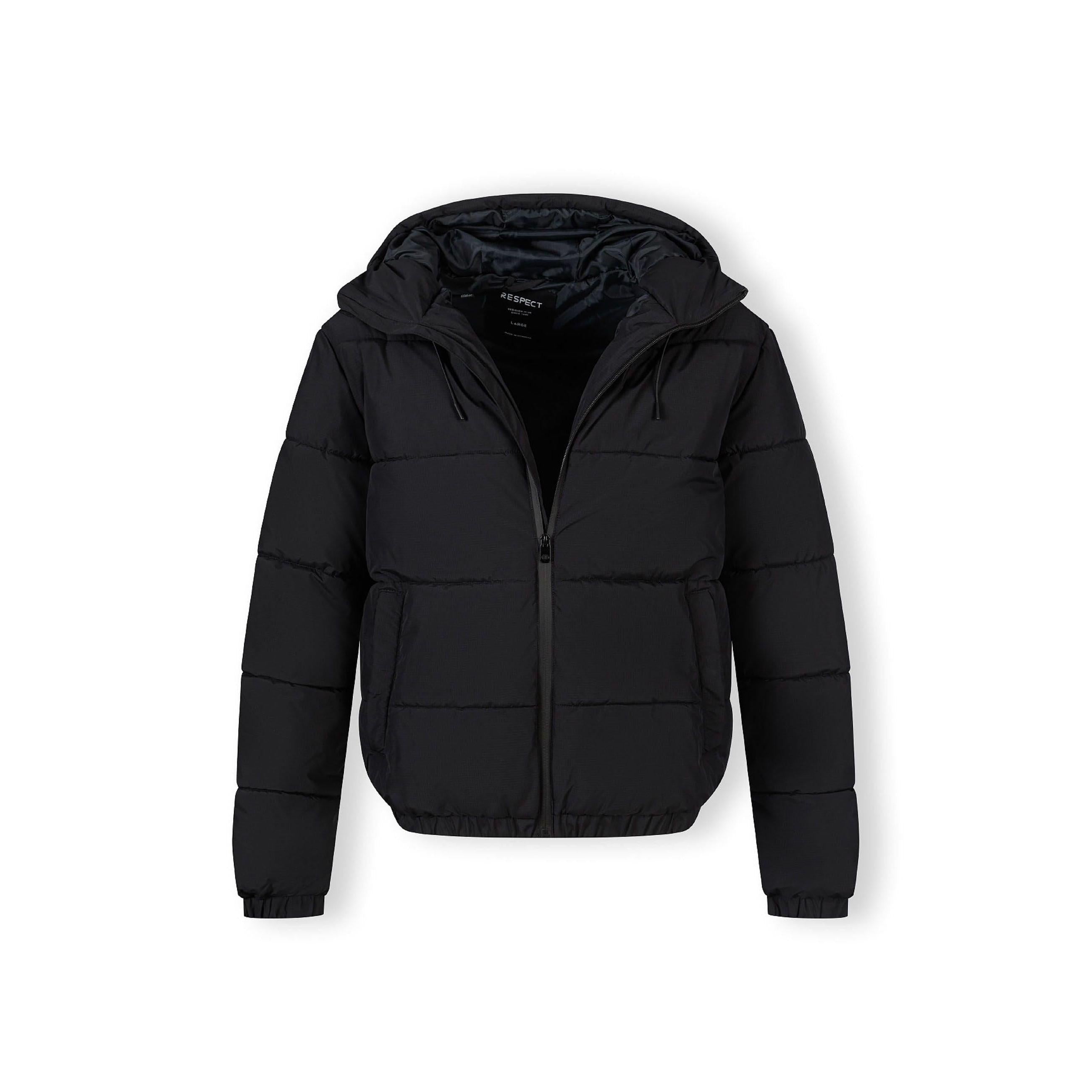 Black puffer jacket flat lay showing full zip closure, hood and quilted construction on white background