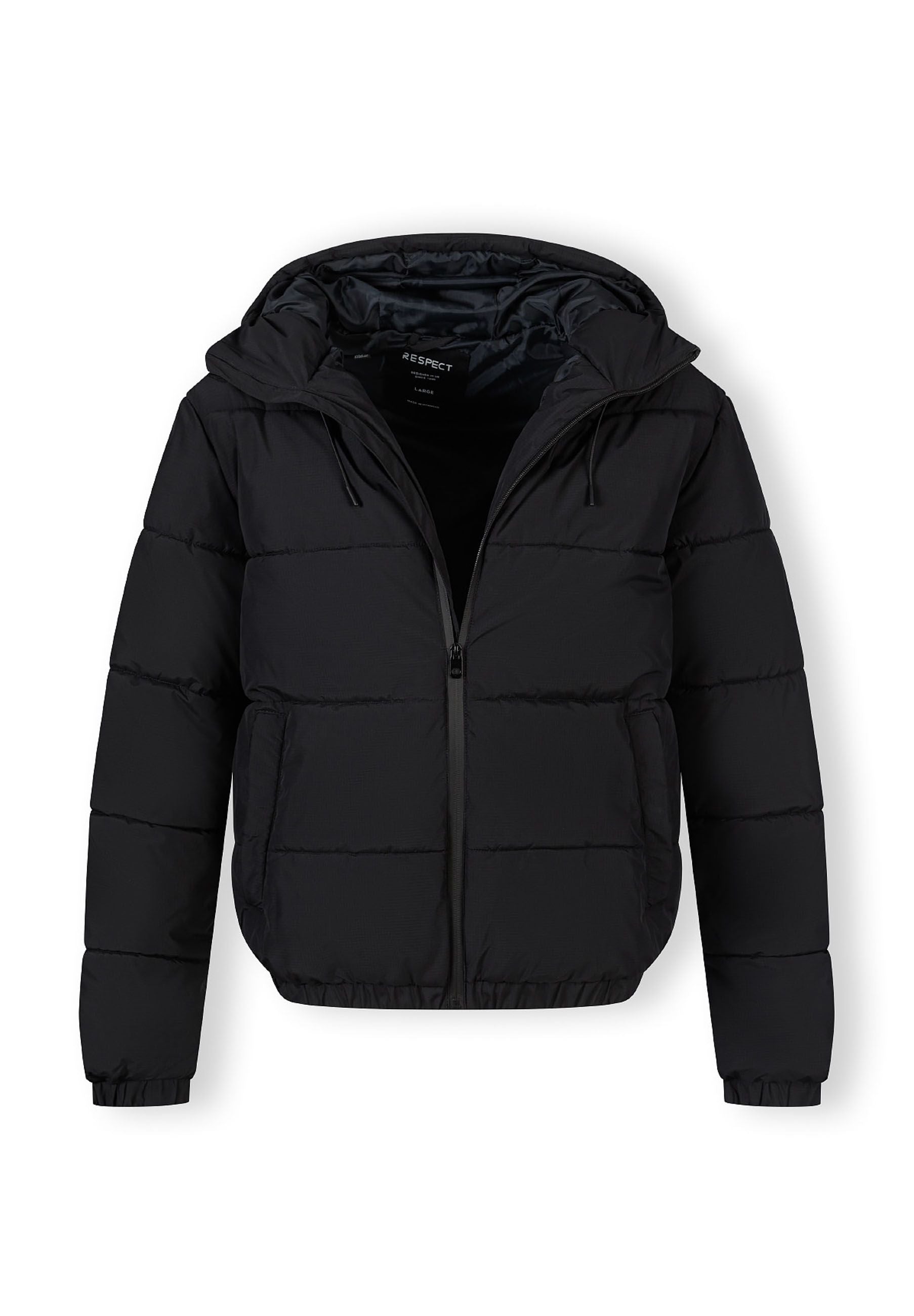Men's black ripstop jacket with high collar, elastic cuffs, and front zippered pockets.