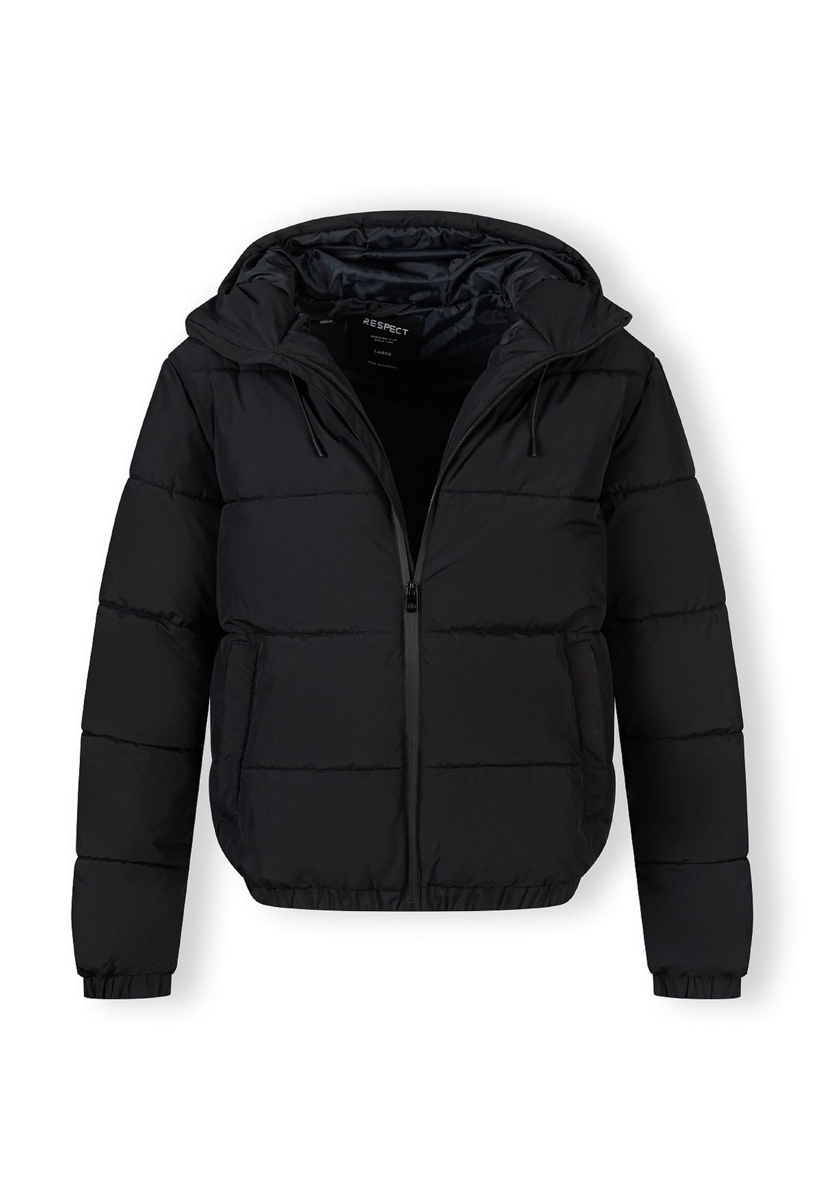 The black puffer jacket shown open to reveal the inside.