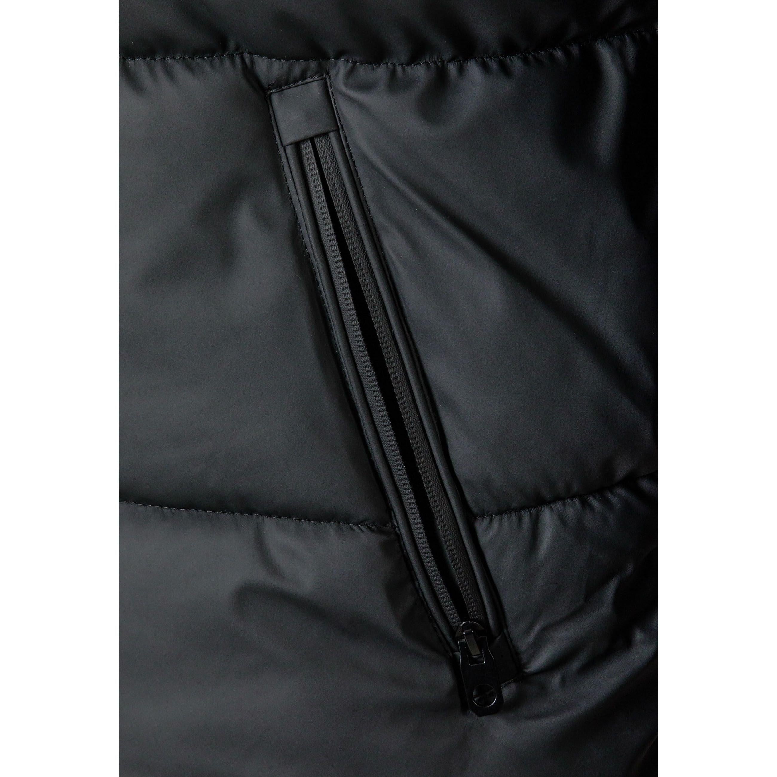 Close-up detail of black PU jacket showing zip pocket with black zipper on quilted fabric surface