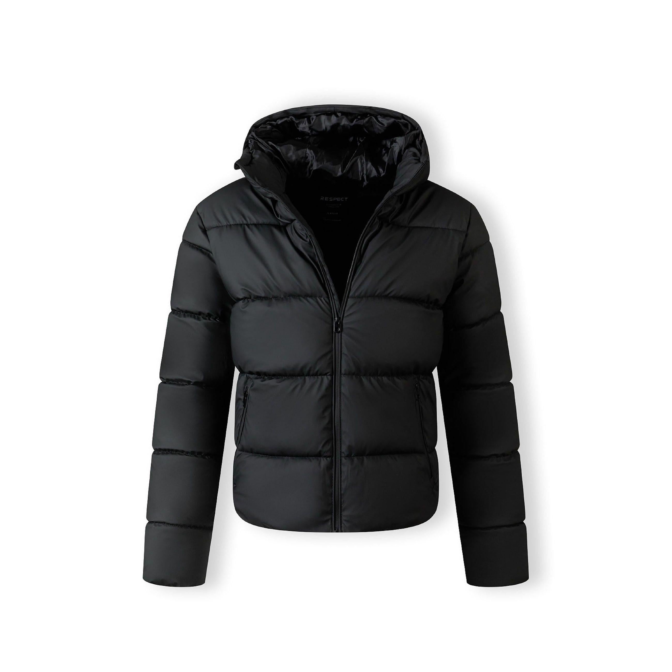 Close-up detail of black PU jacket showing zip pocket with black zipper on quilted fabric surface