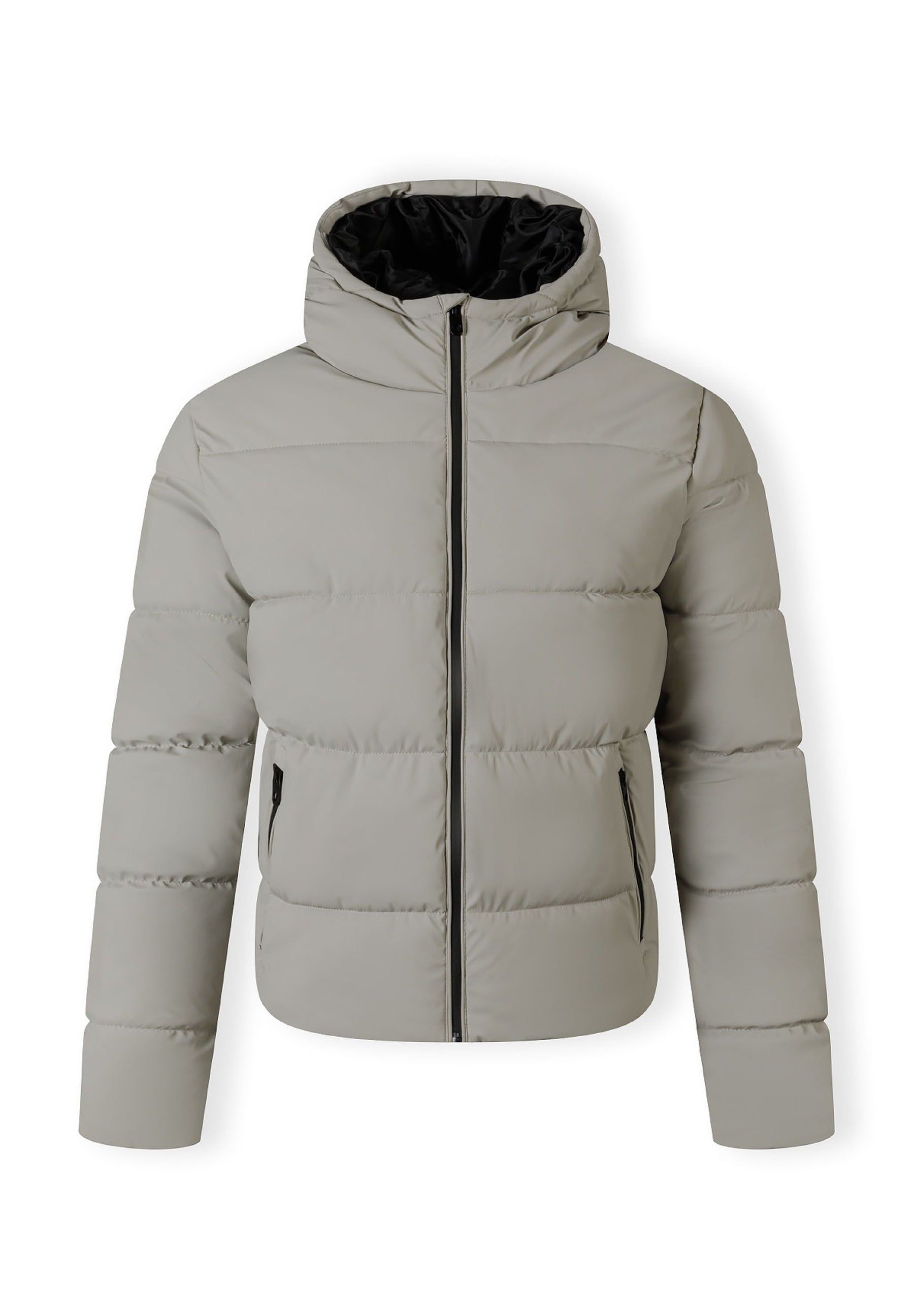 Men's grey PU jacket with hood, zip pockets, and padded structure, front view.