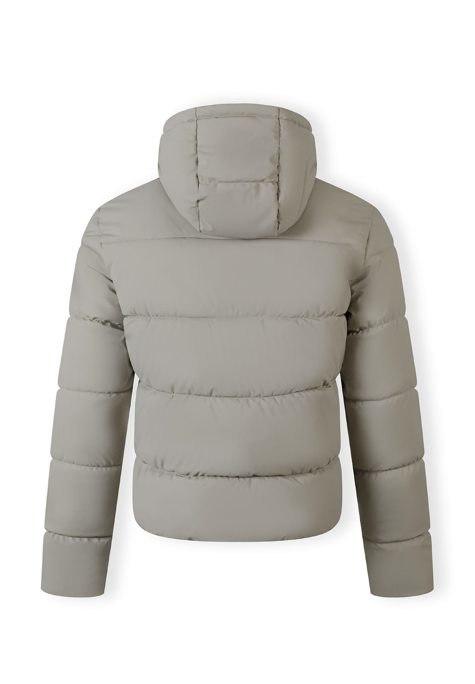 Men's grey PU jacket, back view, features a hood and padded structure.