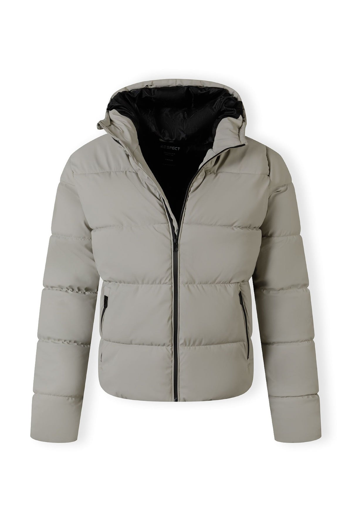The light grey puffer jacket shown open to reveal the inside.