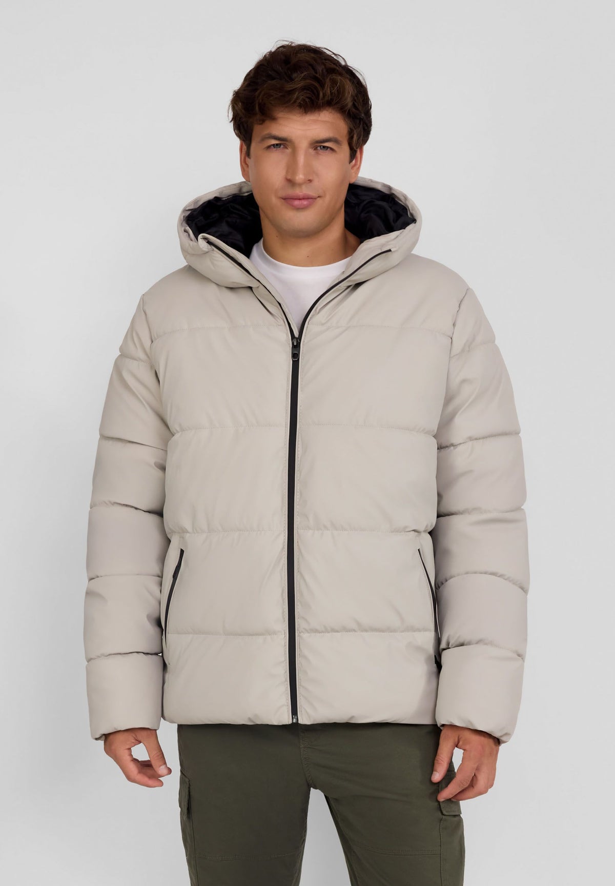 Men's light grey puffer jacket, shown worn.