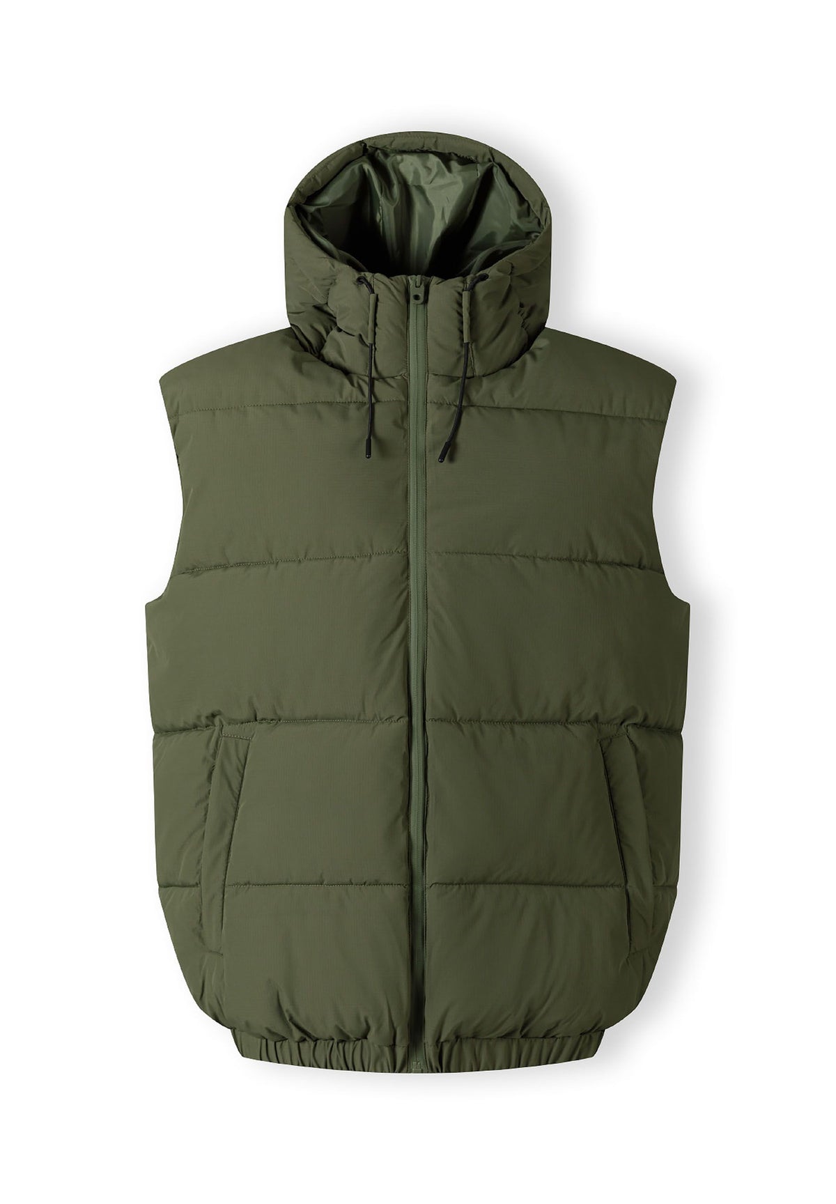 Olive green padded gilet, front.