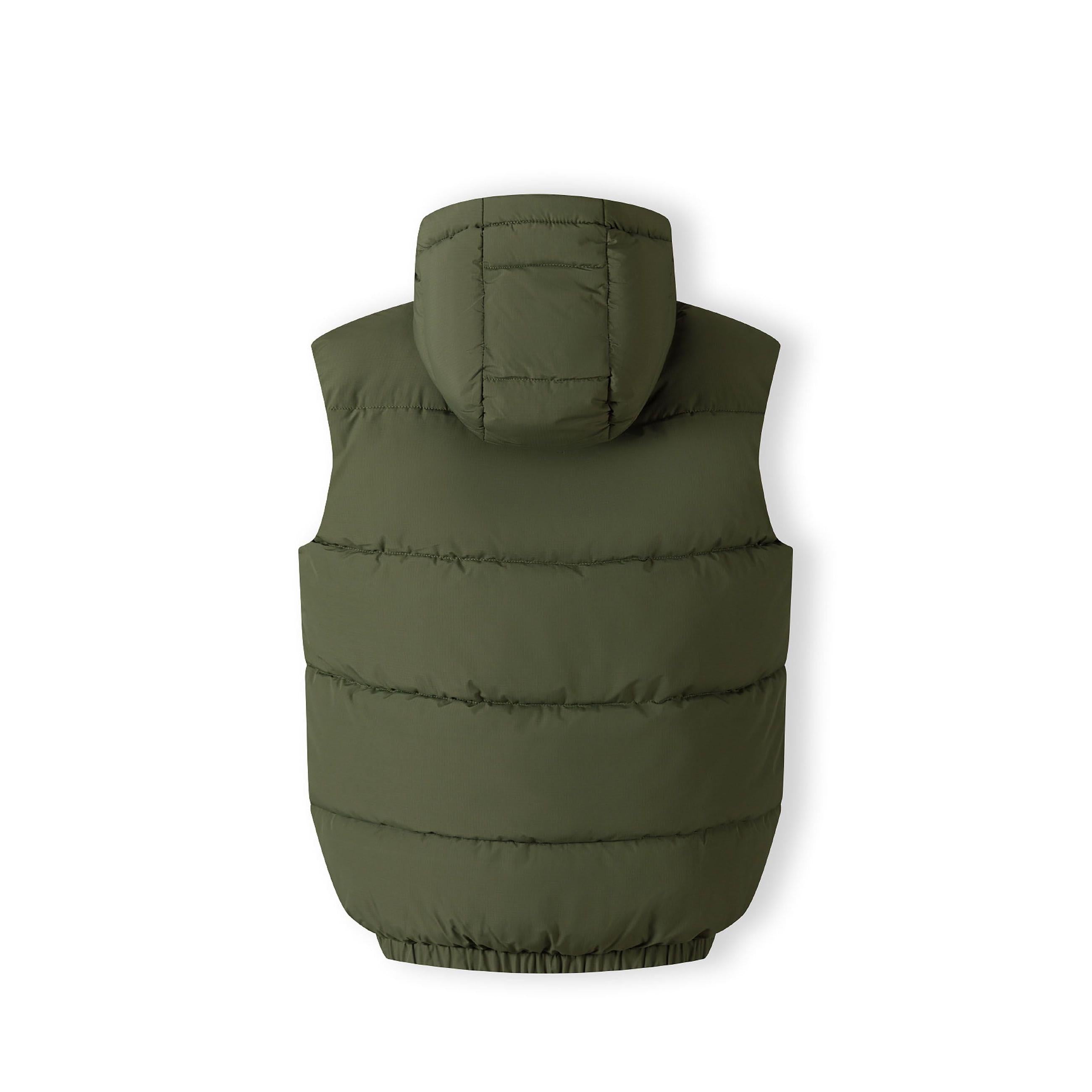 Back view of khaki padded gilet laid flat showing hood, horizontal quilting pattern and overall silhouette on white background