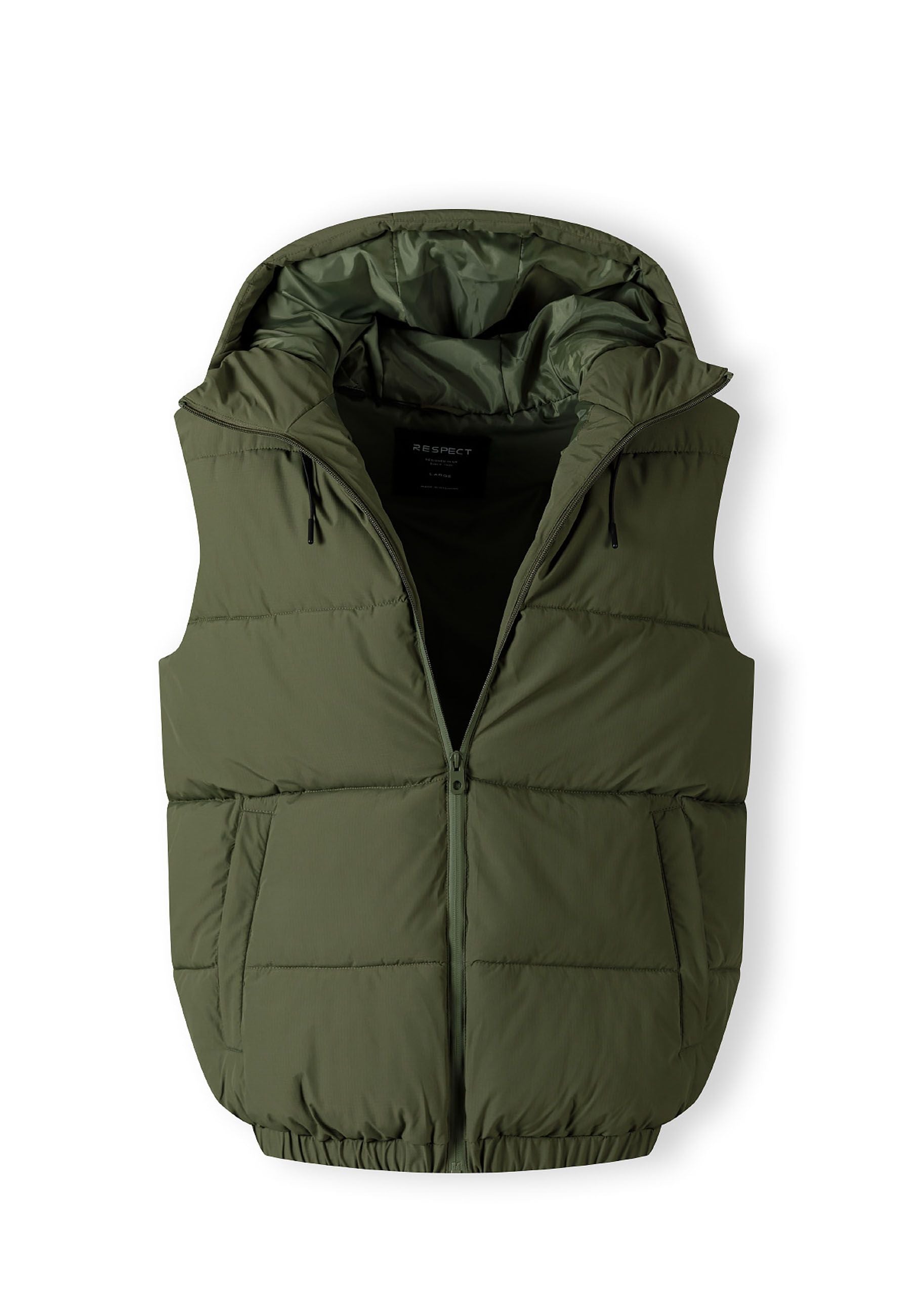 Men's khaki padded gilet with hood, full zip, and two side pockets.